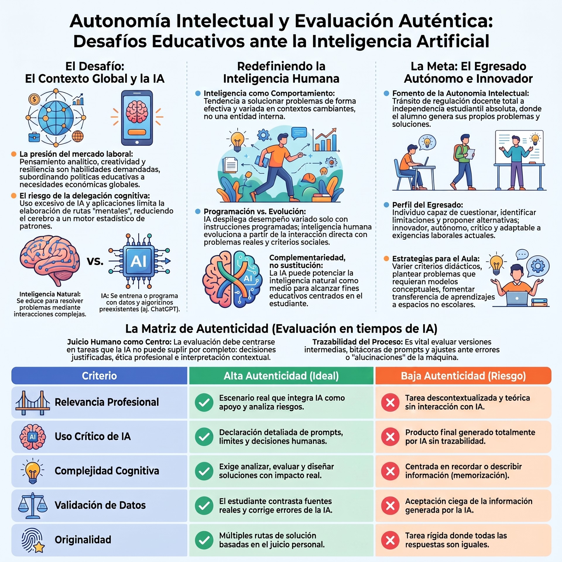 Infografía educativa sobre autonomía intelectual y evaluación auténtica frente a la inteligencia artificial, con viñetas y tabla comparativa.