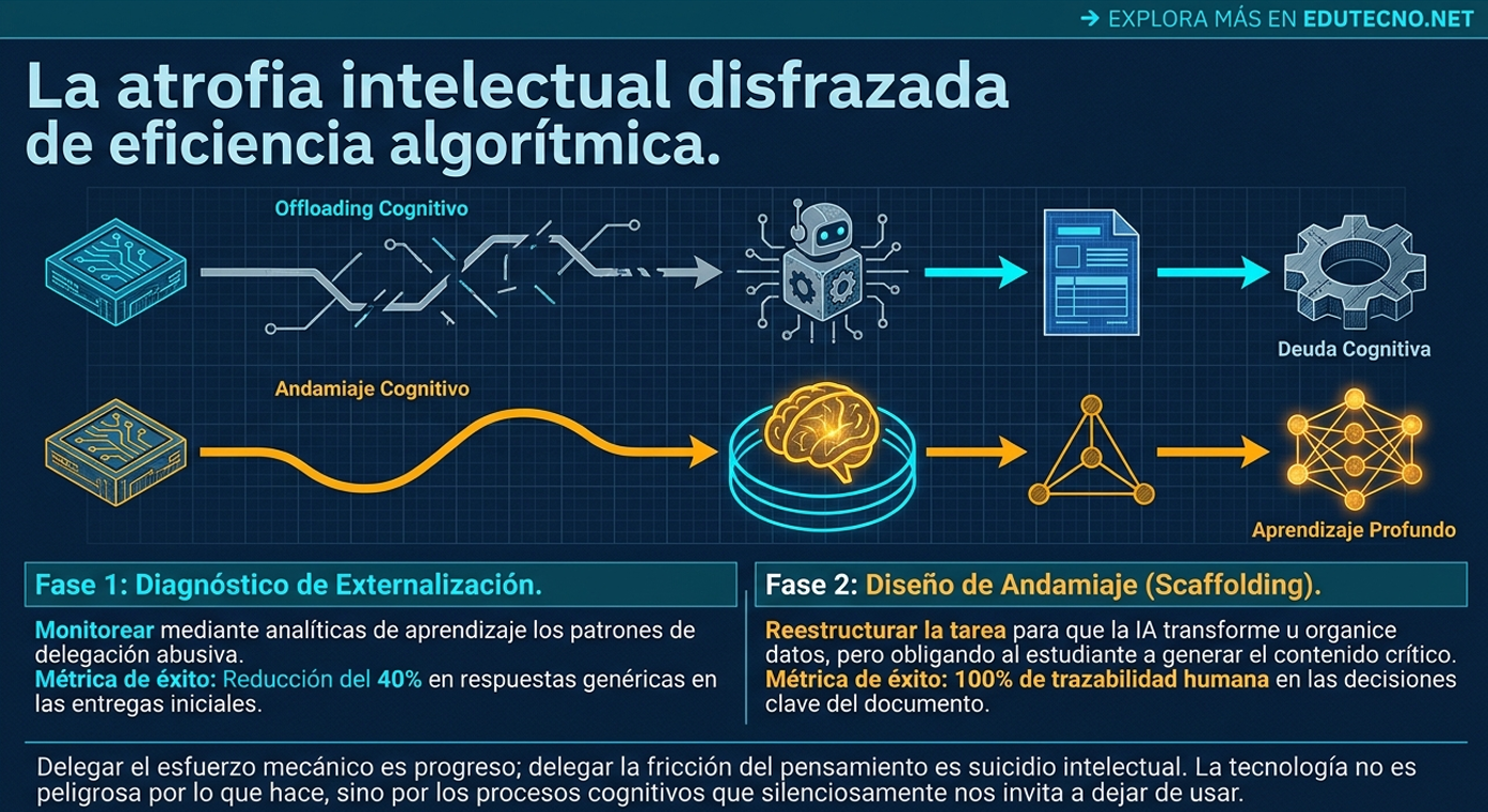 Infografía tecnológica con flujo de IA: “Offloading Cognitivo”, “Andamiaje Cognitivo”, cerebro, red neuronal y deuda cognitiva.