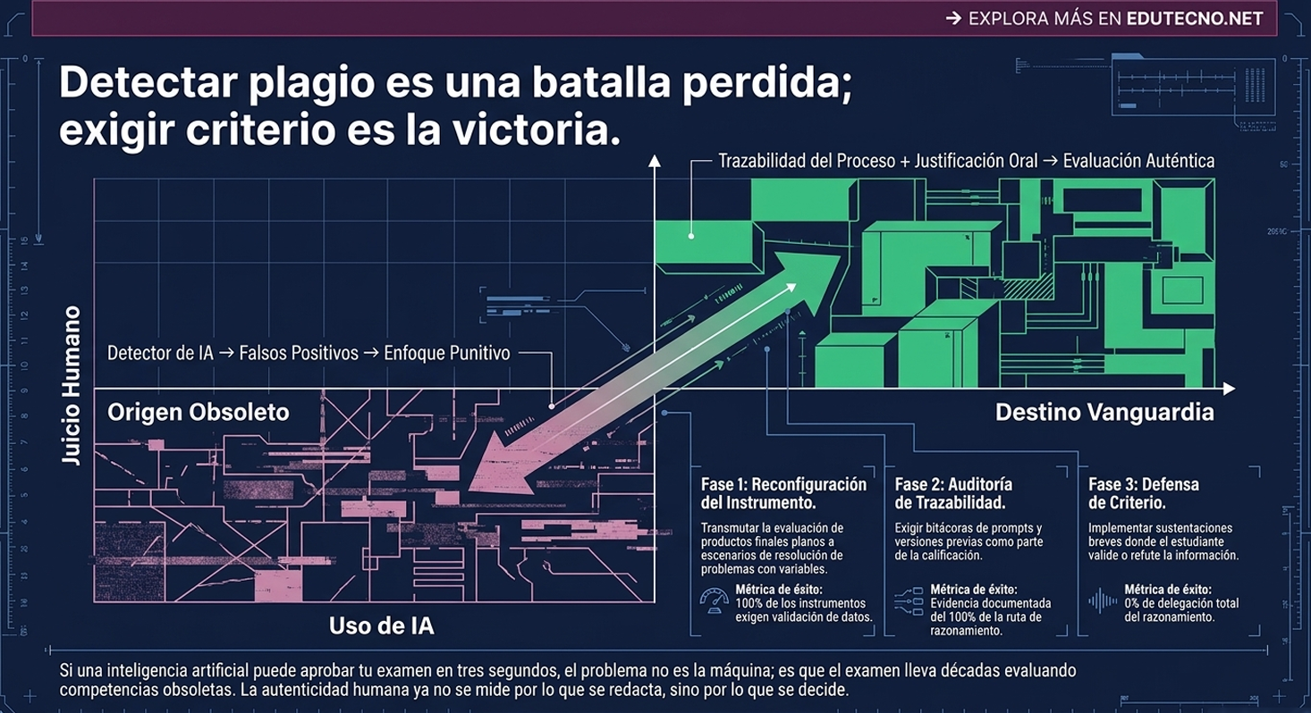 Infografía tecnológica con texto sobre detectar plagio, uso de IA y fases de evaluación auténtica.