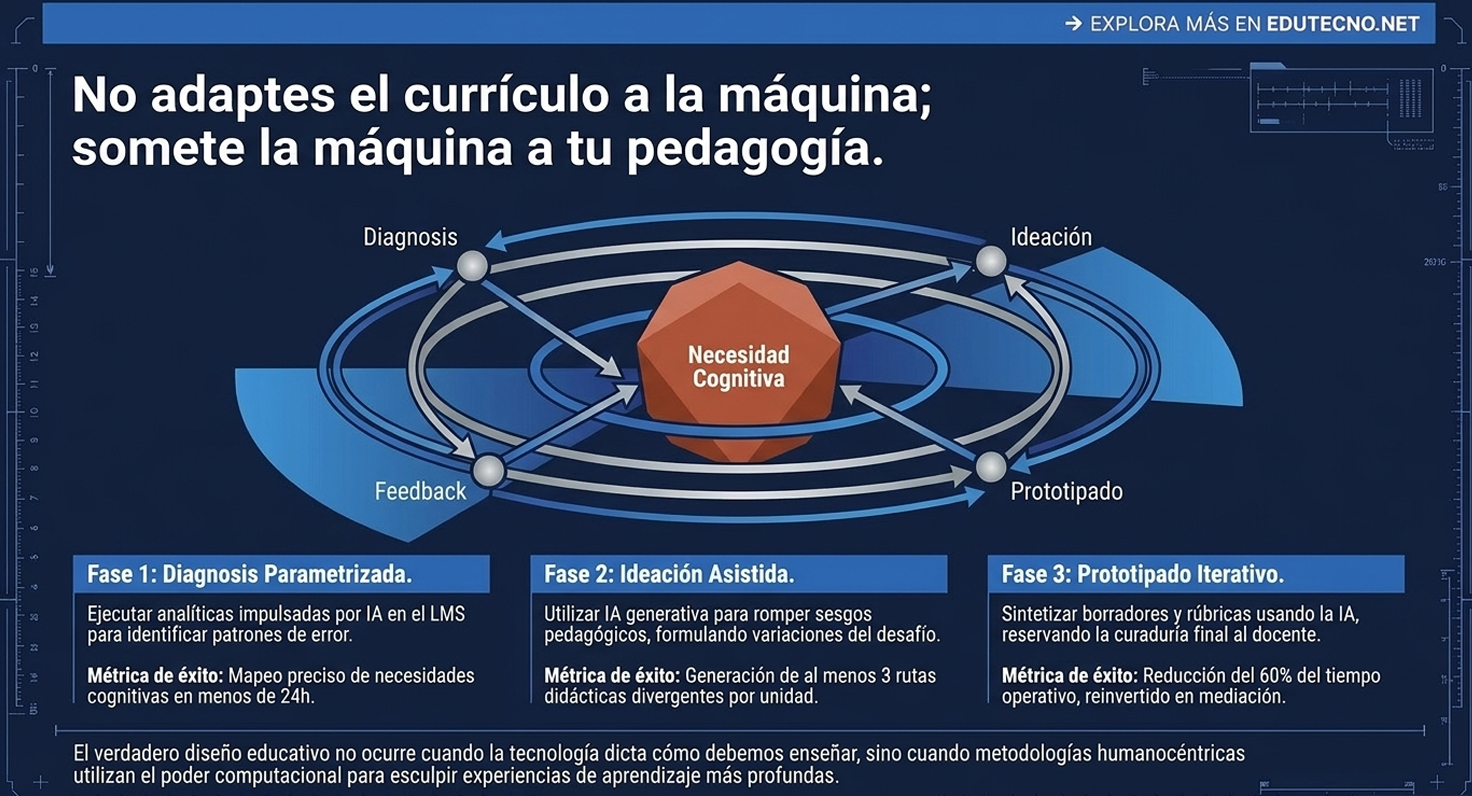 Diagrama educativo con hexágono “Necesidad Cognitiva”, flechas entre fases y texto sobre IA y pedagogía.