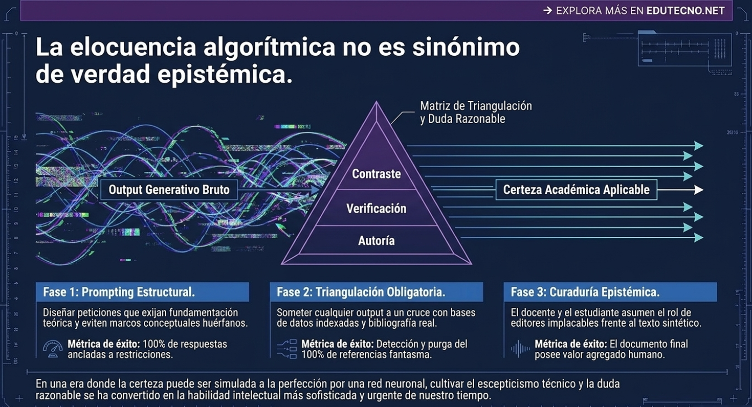 Diagrama tecnológico con pirámide de verificación, texto sobre contraste, verificación y fases de curaduría epistémica.