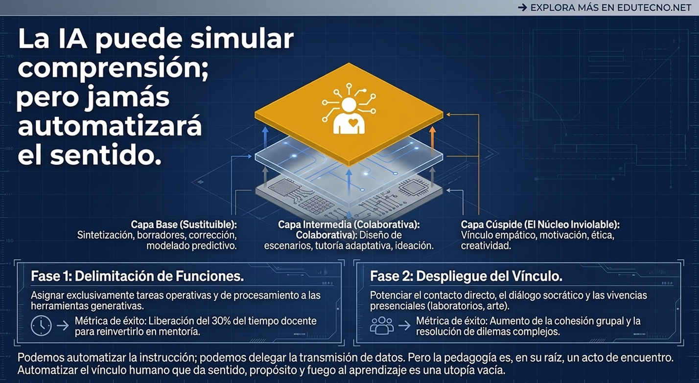 Ilustración azul con chip dorado y texto sobre IA, vínculo humano y fases de aprendizaje.