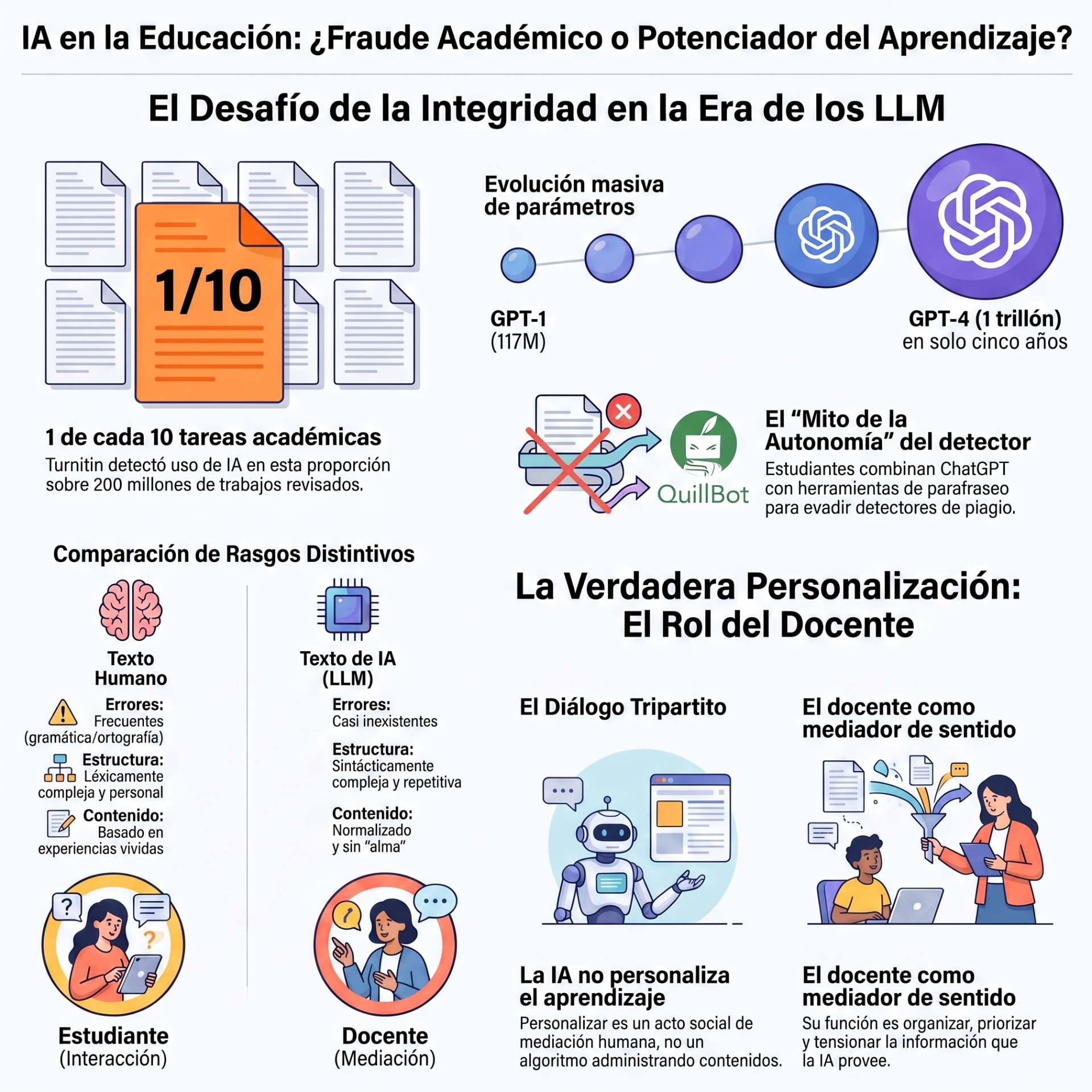 Infografía sobre IA en educación: integridad, detectores, comparación de textos y rol del docente mediador.