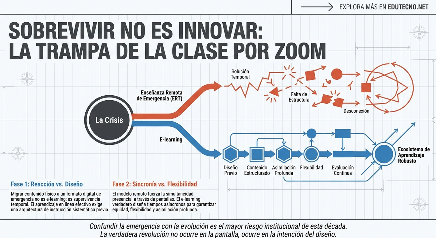 Infografía con texto sobre educación remota, crisis, e-learning y un diagrama de flujo con etapas.