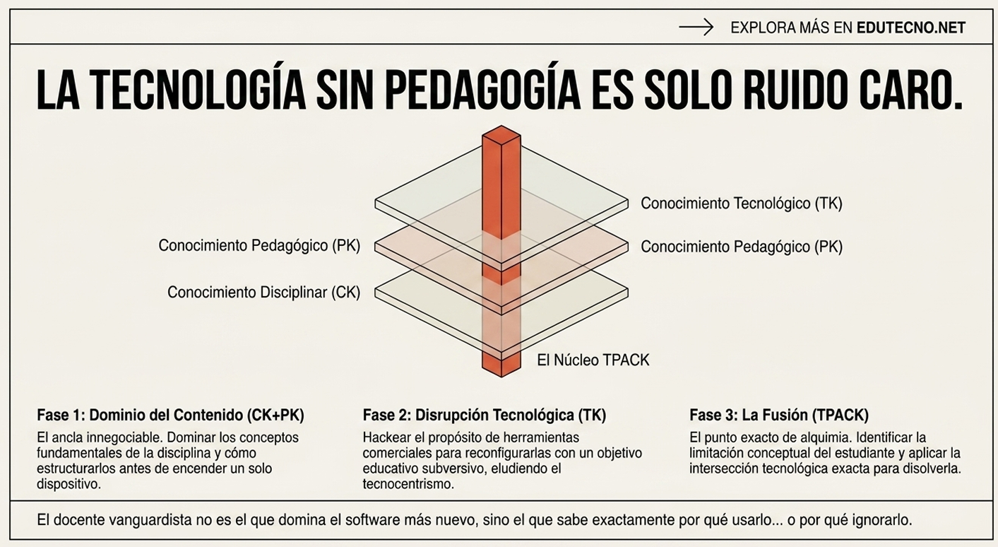 Ilustración TPACK con bloques transparentes y texto sobre tecnología sin pedagogía, fases CK+PK, TK y fusión.