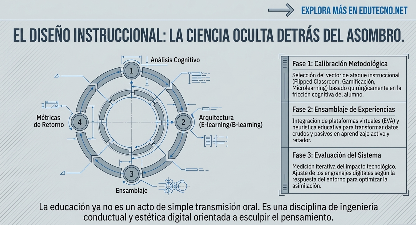 Diagrama circular educativo con fases numeradas y texto sobre calibración, ensamblaje y evaluación del sistema.