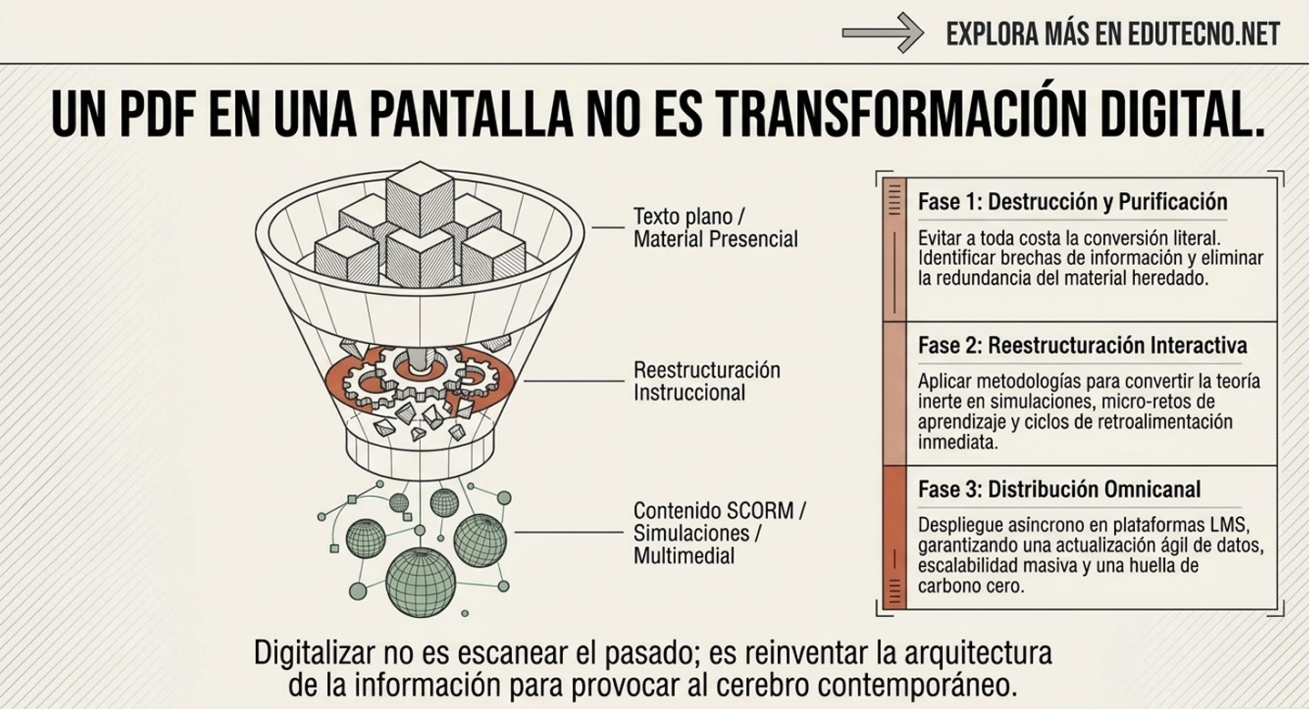 Infografía sobre transformación digital: embudo con bloques, engranajes y fases de destrucción, reestructuración y distribución omnicanal.