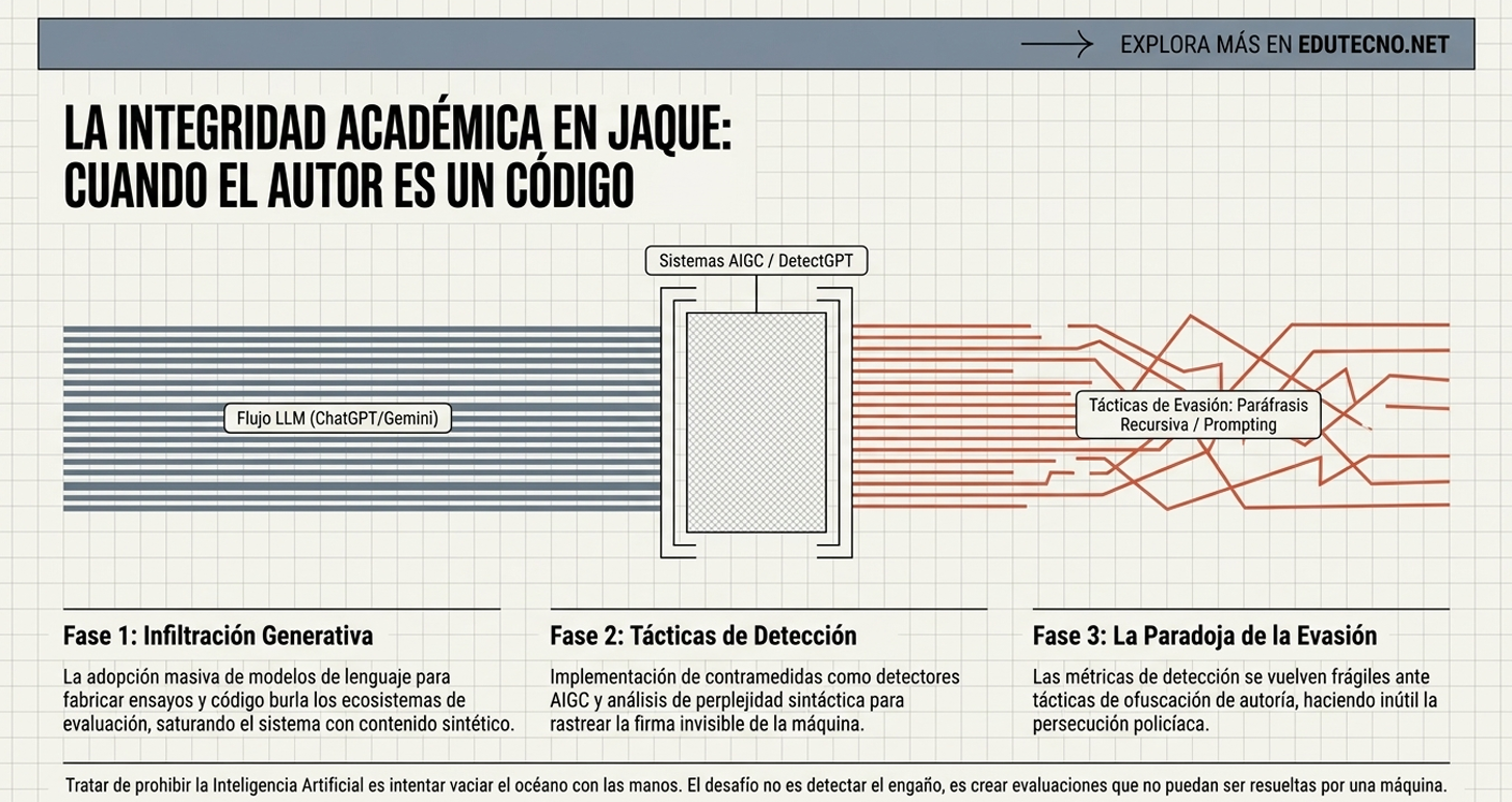 Diagrama en estilo papel cuadriculado con flujo de IA, detección y evasión, y texto sobre integridad académica.