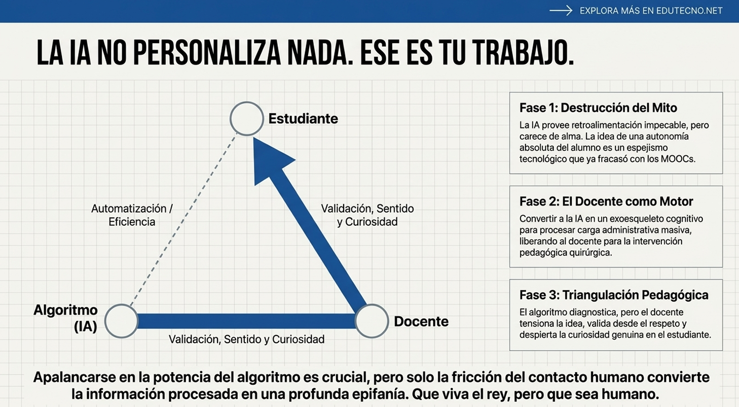 Diagrama educativo con triángulo IA y docente, texto sobre fases y mensaje “Que viva el rey, pero humano”.