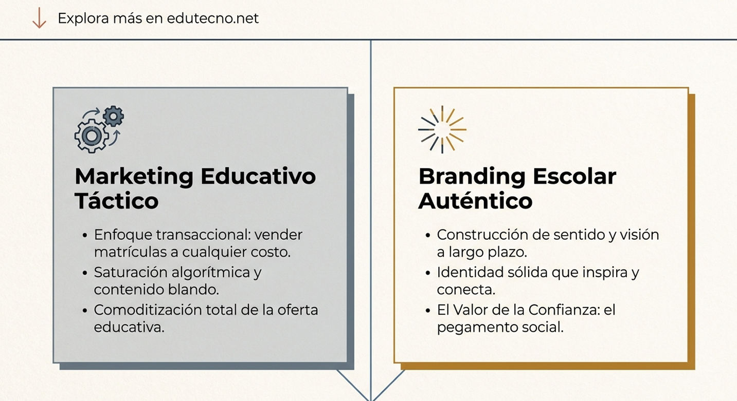 Diagrama comparativo con dos recuadros: “Marketing Educativo Táctico” y “Branding Escolar Auténtico” con viñetas.