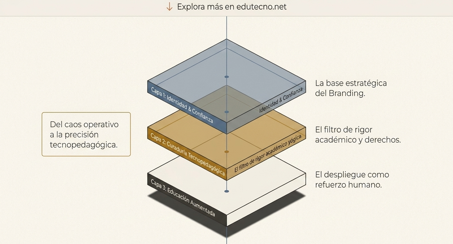 Diagrama isométrico con capas de branding, identidad y confianza, filtro de rigor y educación aumentada.
