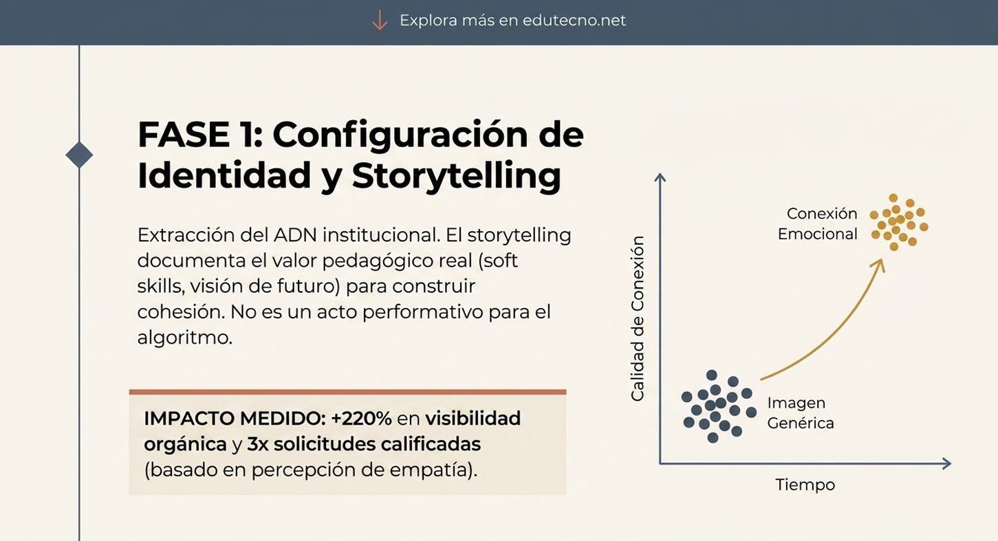 Diagrama con texto “Fase 1: Configuración de Identidad y Storytelling” y gráfico de conexión emocional.