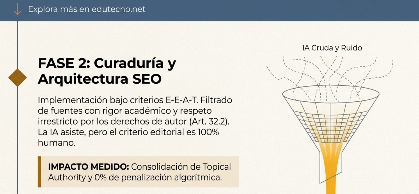 Diagrama con embudo SEO y texto “FASE 2: Curaduría y Arquitectura SEO” sobre IA y E-E-A-T.