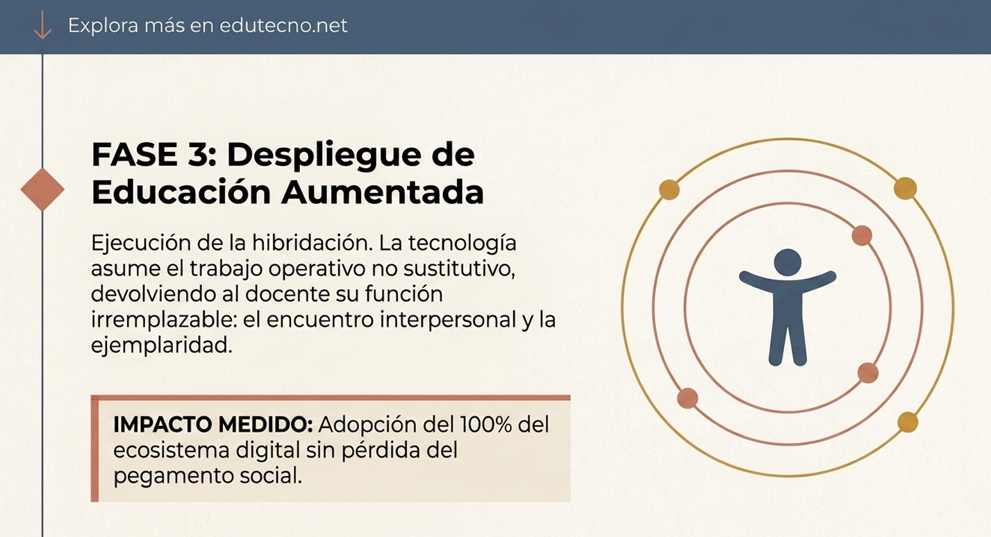Diagrama educativo con texto “Fase 3: Despliegue de Educación Aumentada” y figura humana en círculos concéntricos.