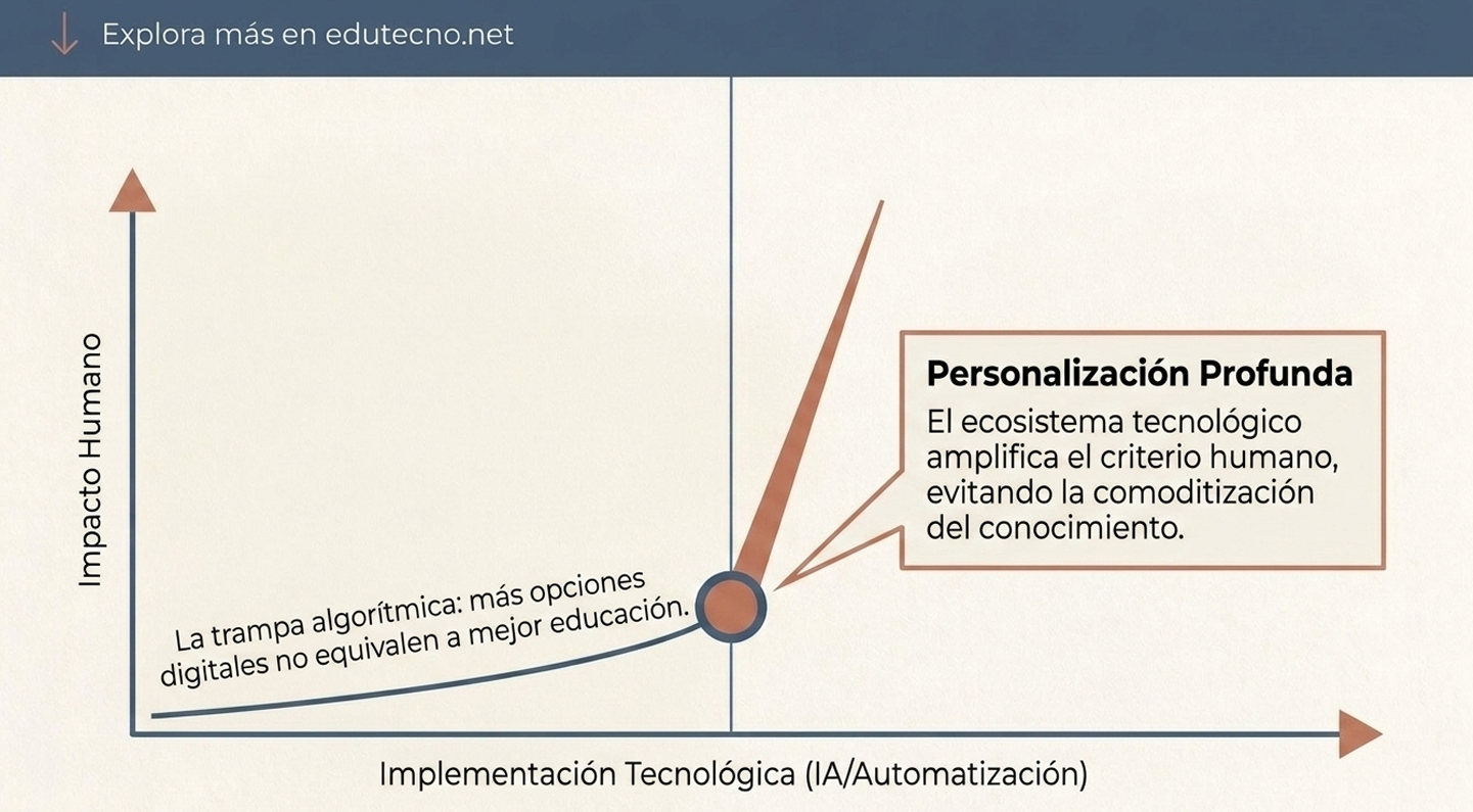 Gráfico con eje Impacto Humano y flecha ascendente, texto sobre personalización profunda y automatización tecnológica.