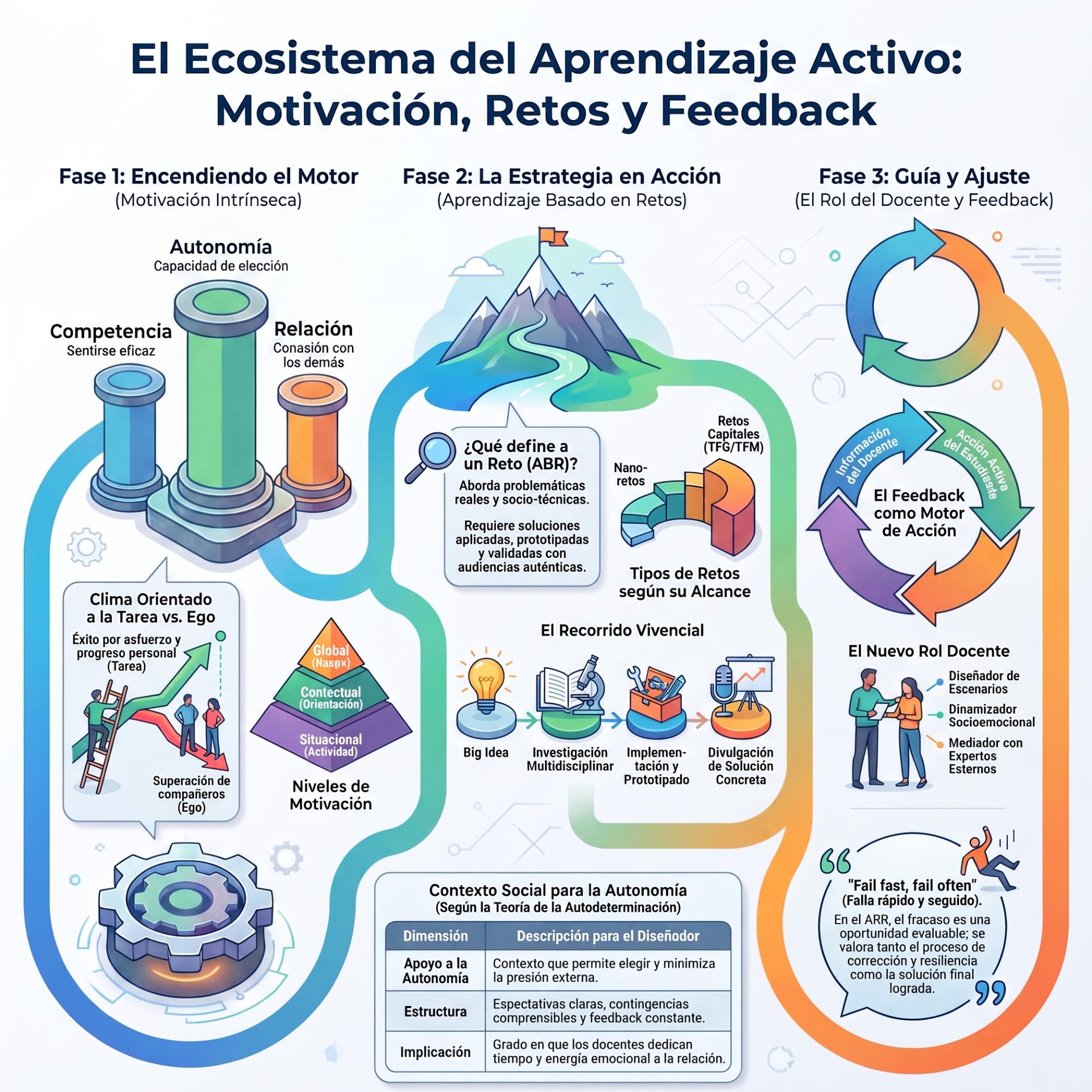 Infografía educativa sobre el ecosistema del aprendizaje activo: fases, retos, feedback, rol docente y recorrido vivencial.