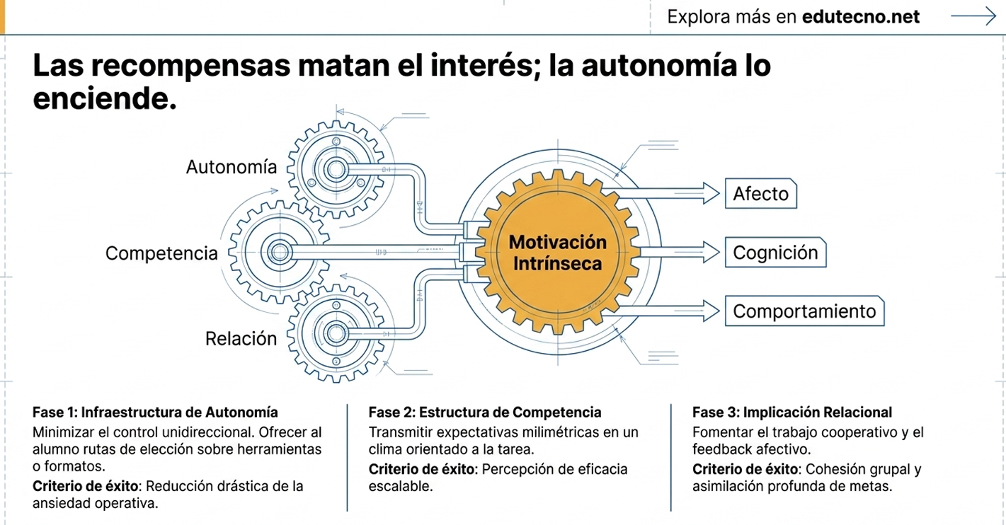 Ilustración con engranajes y diagrama de motivación intrínseca, autonomía, competencia y relación, con flechas hacia afecto, cognición y comportamiento.