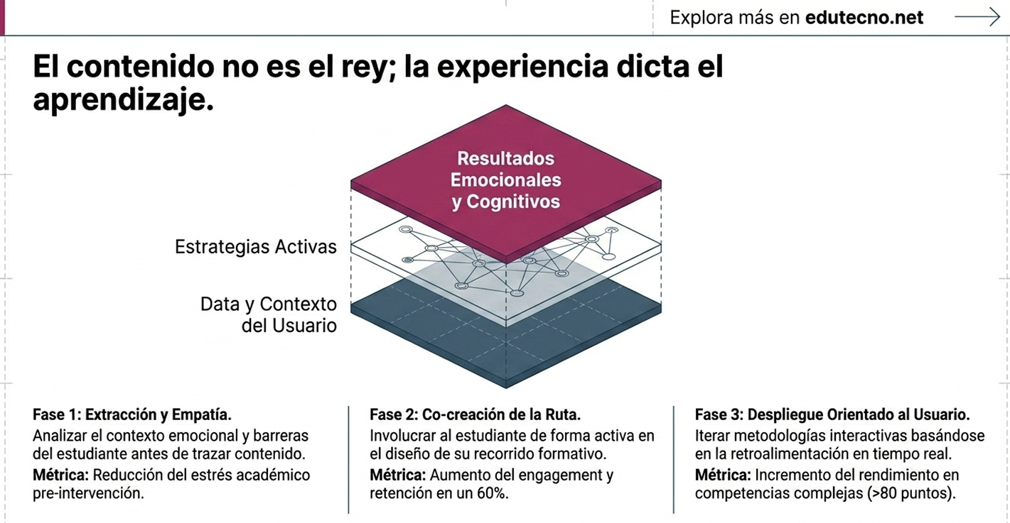 Diagrama en capas con texto sobre resultados emocionales, estrategias activas y fases de aprendizaje, con iconos de red.
