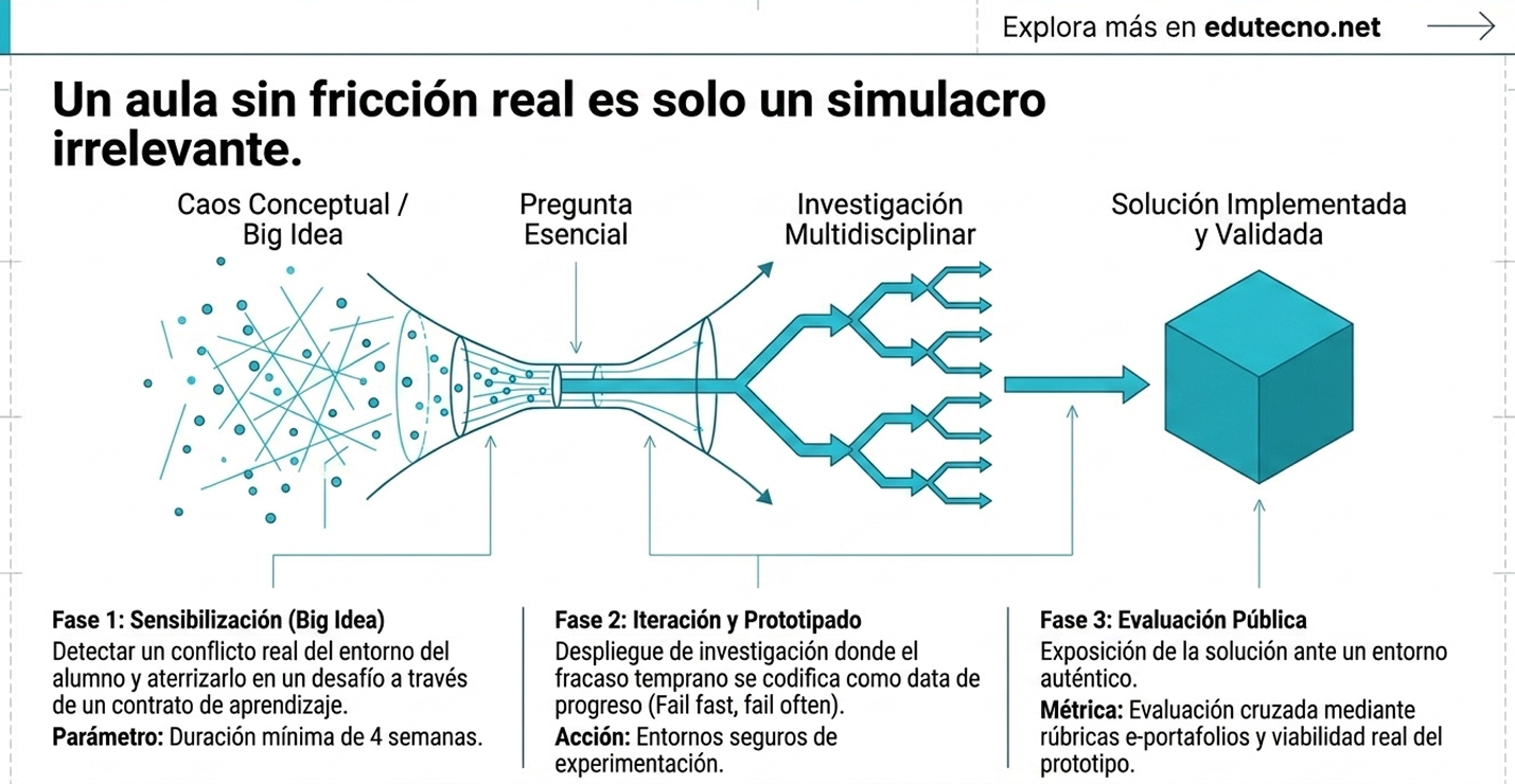 Diagrama educativo con texto, fases de proyecto y flechas, y un cubo azul al final.
