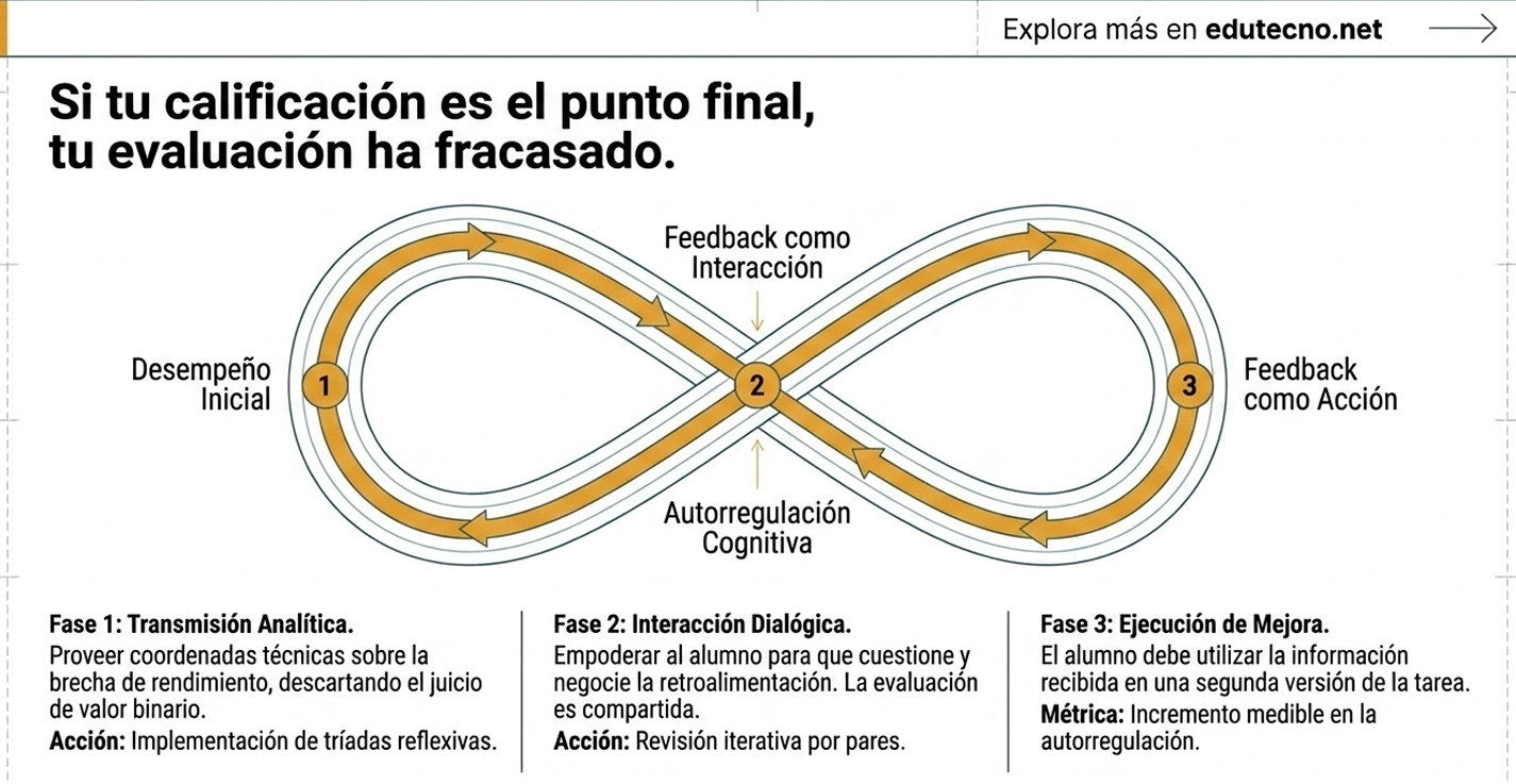 Diagrama educativo con bucle infinito, flechas y fases: desempeño inicial, autorregulación, feedback e interacción dialógica.