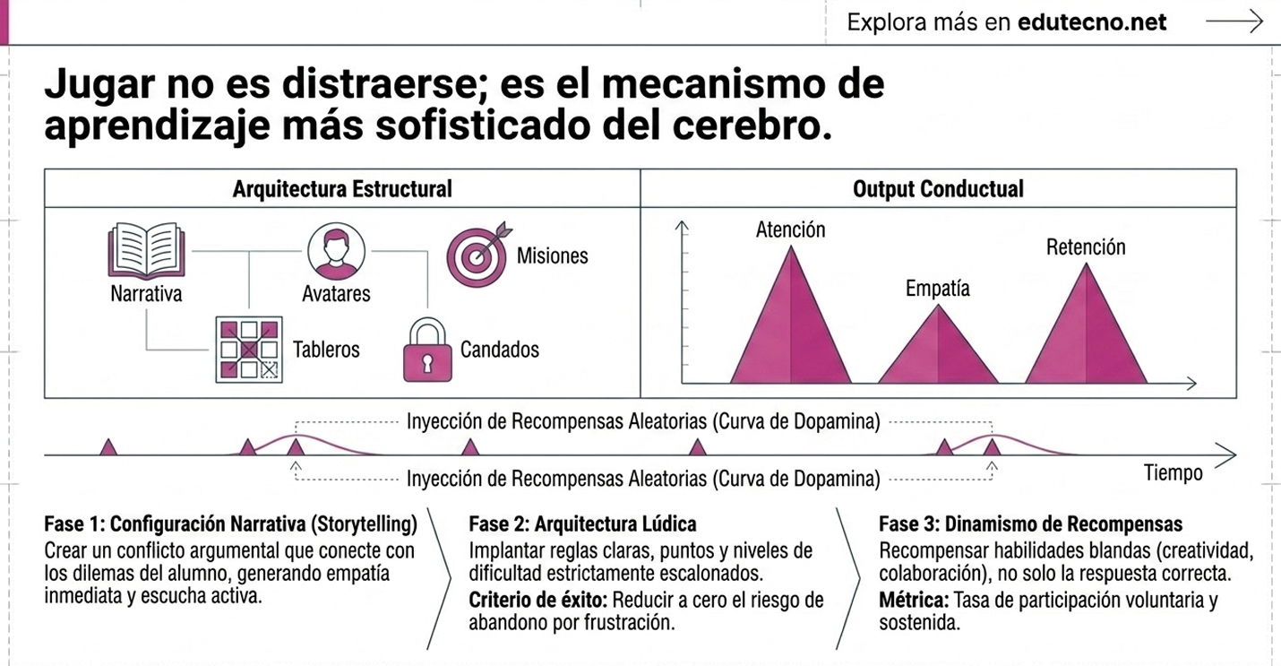 Infografía educativa con fases de aprendizaje, arquitectura lúdica, recompensas y gráficos de atención, empatía y retención.