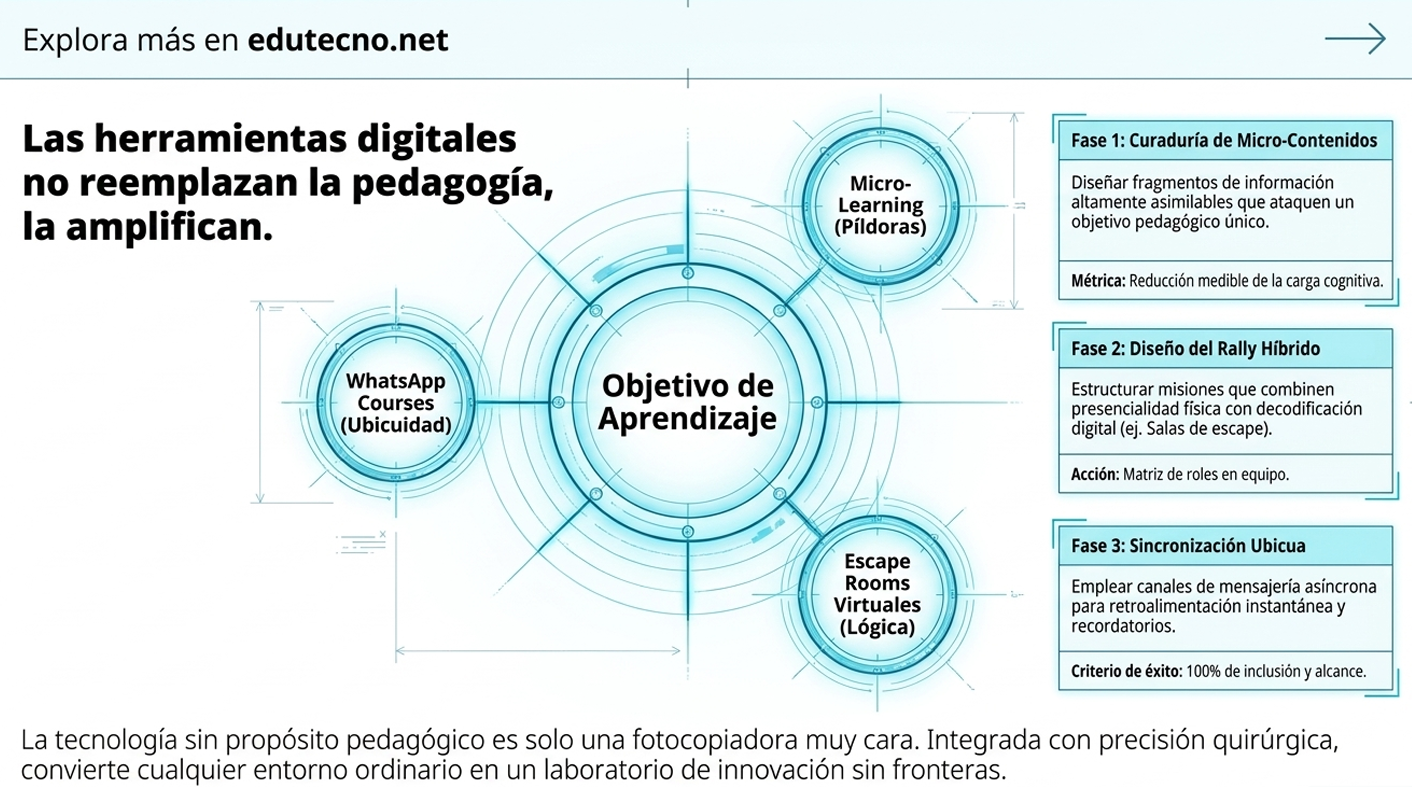 Infografía educativa con objetivo de aprendizaje, microlearning, WhatsApp, escape rooms y fases de implementación.