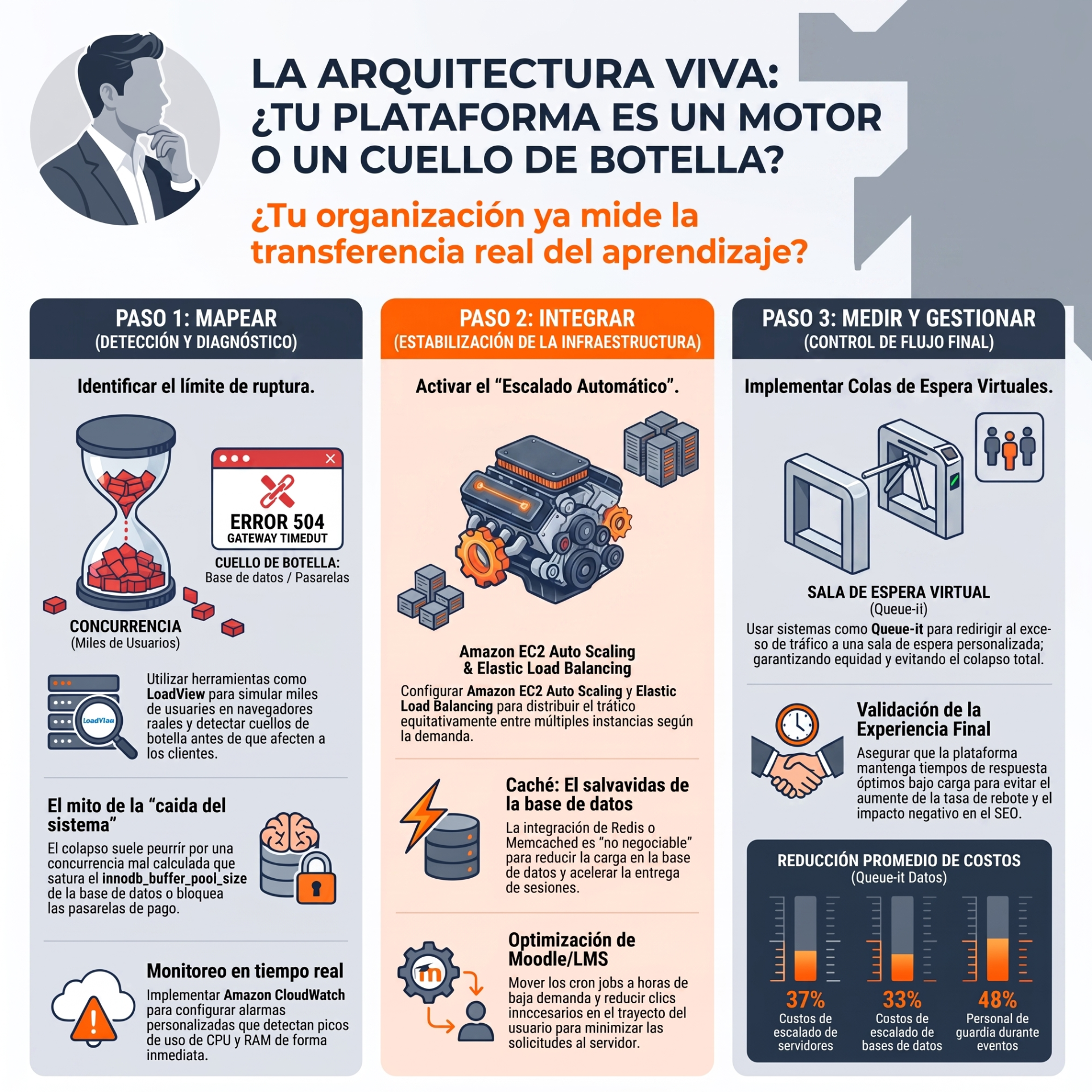 Infografía sobre arquitectura viva: mapeo, integración y medición, con iconos de escalado, colas y validación.