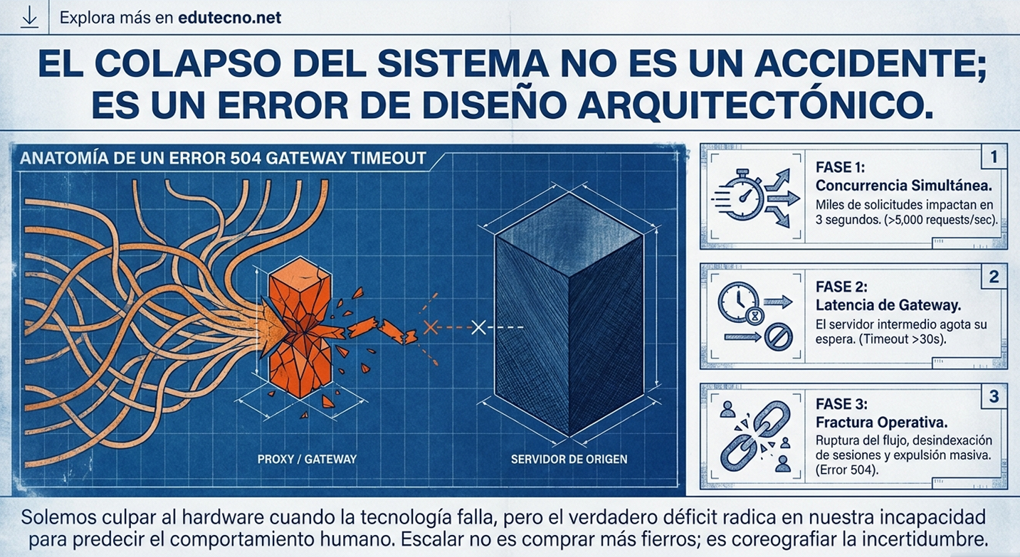 Ilustración sobre error 504: cables, cubo de servidor, diagrama y fases de concurrencia, latencia y fractura operativa.