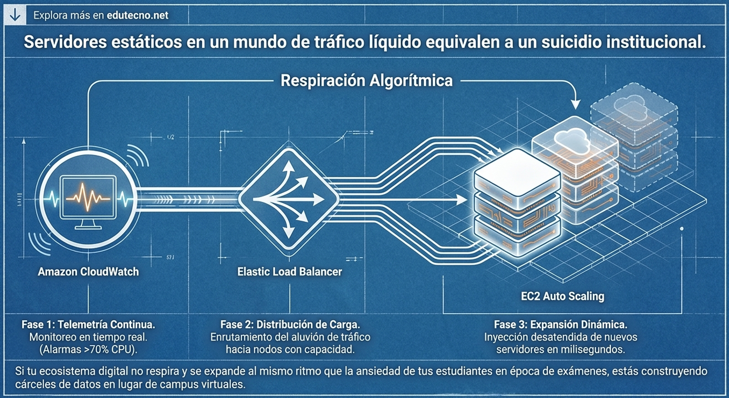 Ilustración azul con servidores, balanceador de carga y escalado automático, conectados por líneas y gráficos de telemetría.
