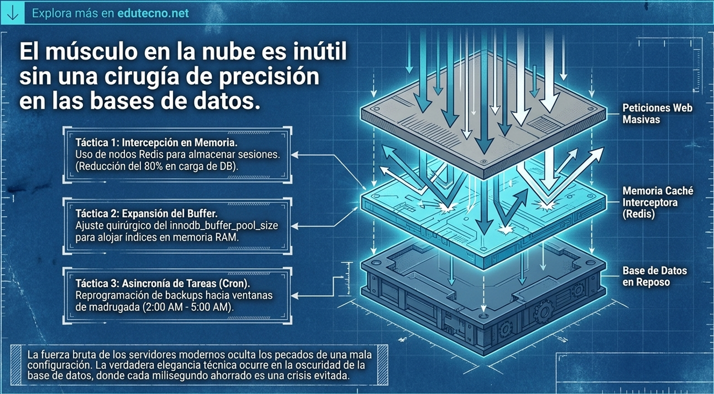 Ilustración técnica azul con servidores apilados, flechas de datos y cajas de tácticas sobre bases de datos.