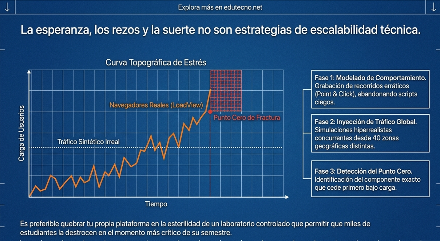 Gráfico azul con curva naranja de estrés, ejes de carga y tiempo, y recuadros de fases a la derecha.