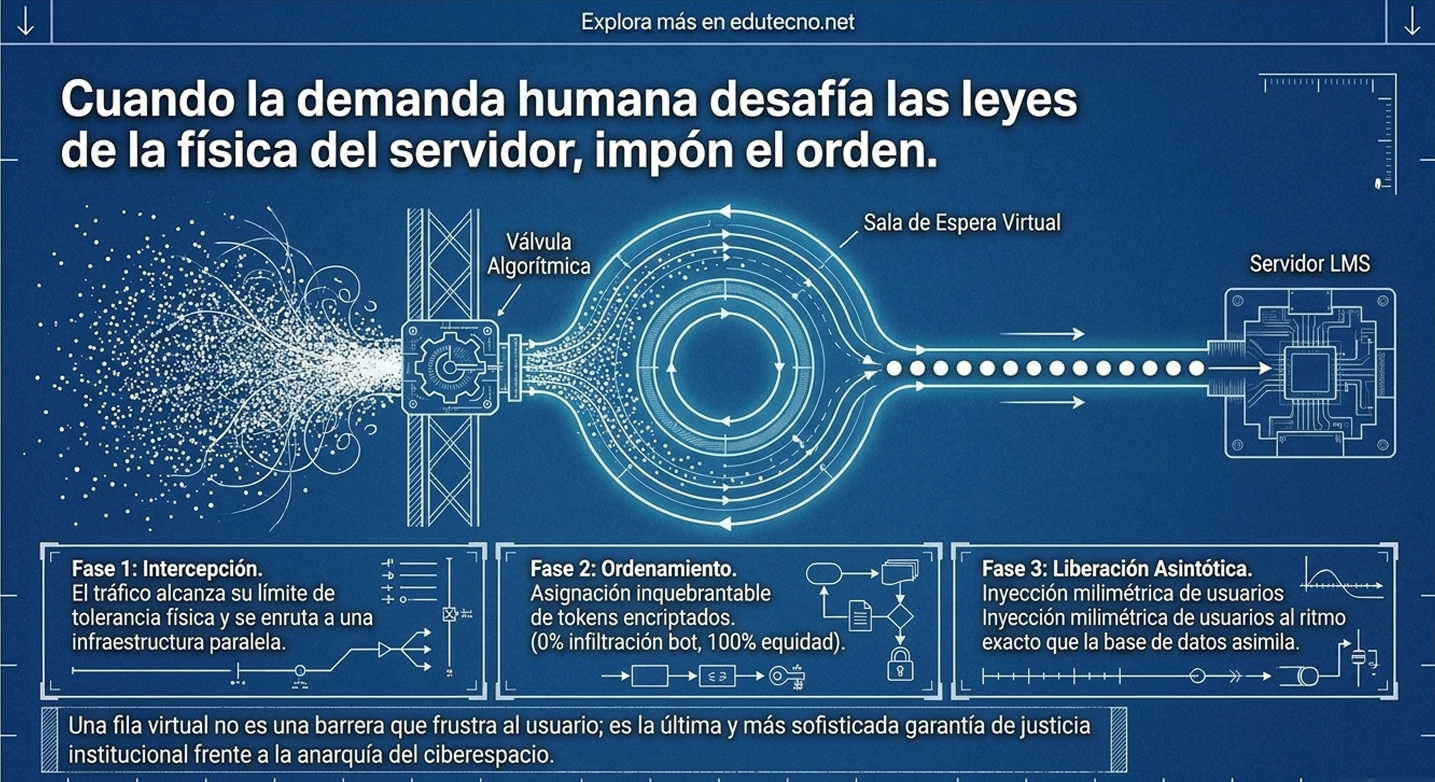 Diagrama azul de servidor LMS con válvula algorítmica, sala de espera virtual y fases de tráfico.
