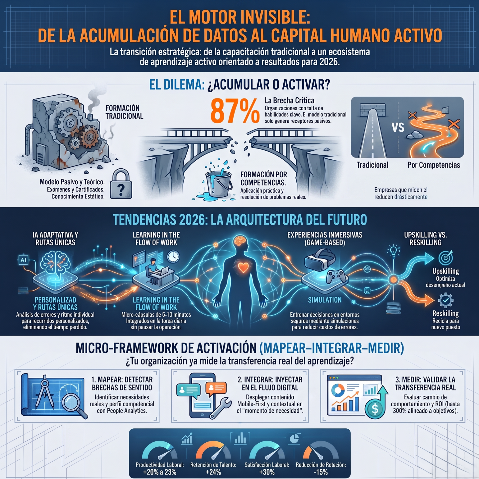 Infografía tecnológica sobre “El motor invisible”, comparando formación tradicional vs por competencias y tendencias 2026.