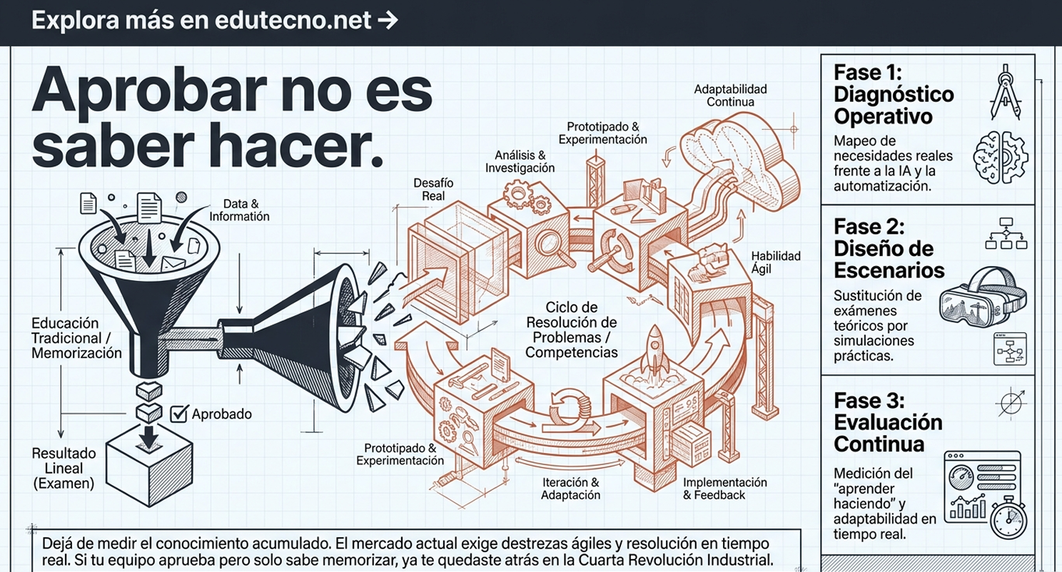 Ilustración estilo infografía con engranajes y fases: diagnóstico, diseño de escenarios y evaluación continua para IA y educación.