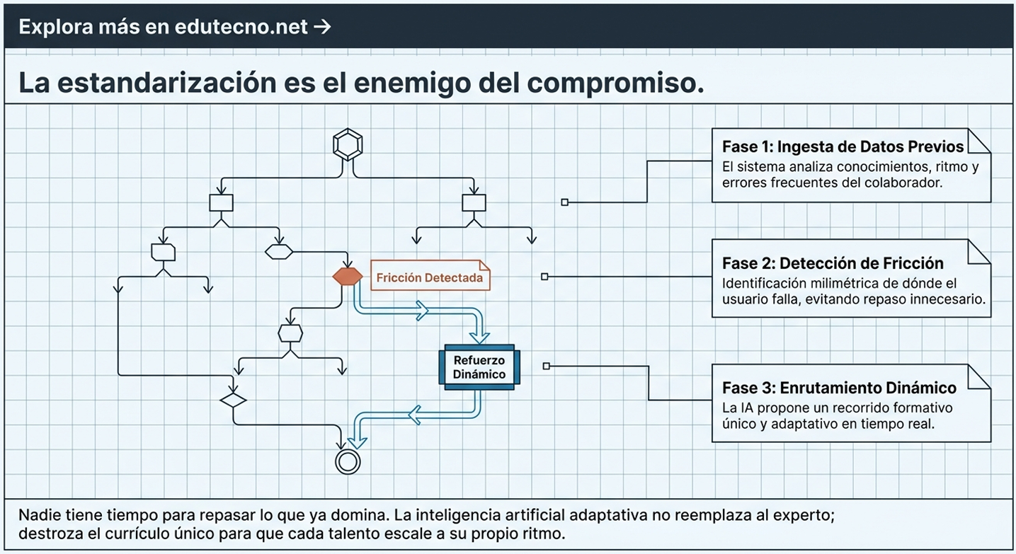 Diagrama tipo pizarra con flujo de IA educativa: fricción detectada, refuerzo dinámico y fases de ingesta, fricción y enrutamiento.