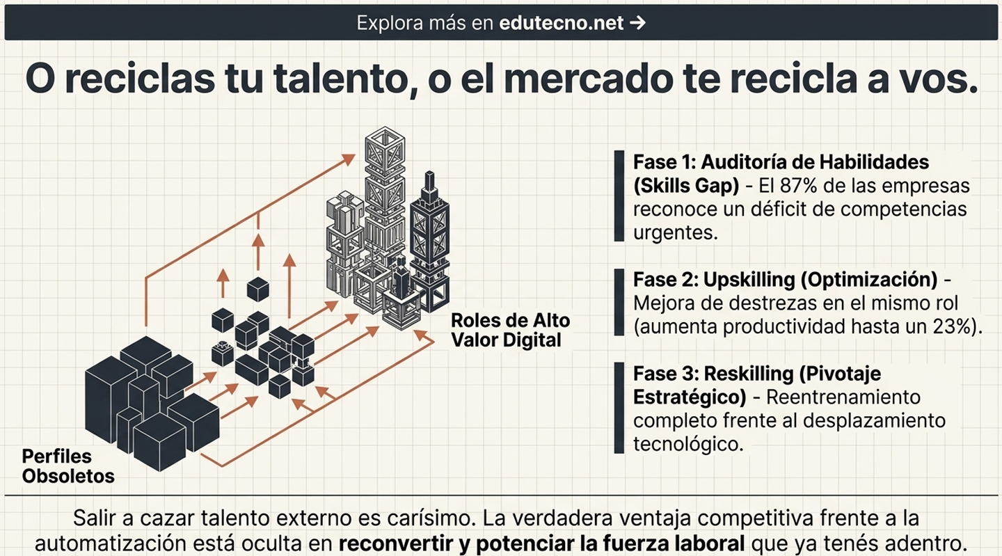 Ilustración con cubos y flechas, torres de datos y texto sobre fases: auditoría, upskilling y reskilling.