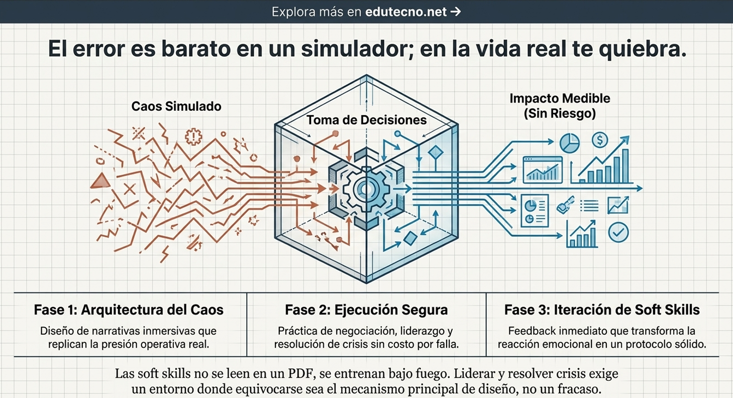 Ilustración estilo infografía con cubo tecnológico, engranaje central, gráficos y texto sobre simulación y toma de decisiones.
