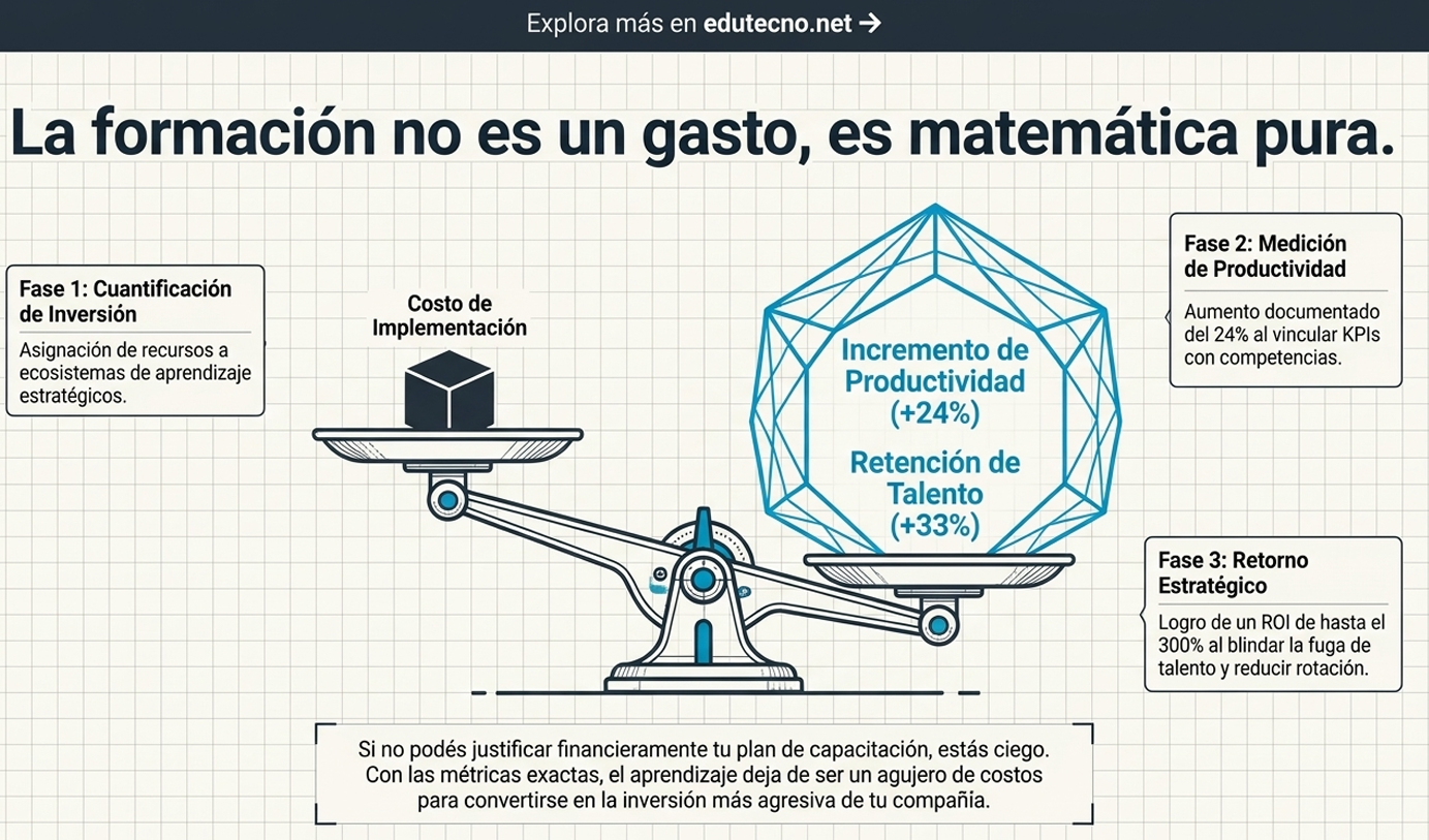 Esta gráfica ilustra un dilema de confianza institucional fundamental en la justificación financiera de los planes de capacitación. Advierte contra la falsa creencia de que la formación es solo un "gasto", lo que genera desconfianza en el liderazgo sobre la asignación de recursos. El diagrama propone que la única confianza válida es la que surge de métricas exactas. Introduce un modelo donde la confianza no se deposita en el "Costo de Implementación" (la balanza de la izquierda), sino en el "Retorno Estratégico" (balanza de la derecha), logrando un ROI de hasta el 300% al vincular KPIs con competencias y blindar la fuga de talento. El dilema se resuelve cuando el aprendizaje deja de ser un agujero de costos para convertirse en la "inversión más agresiva de tu compañía".