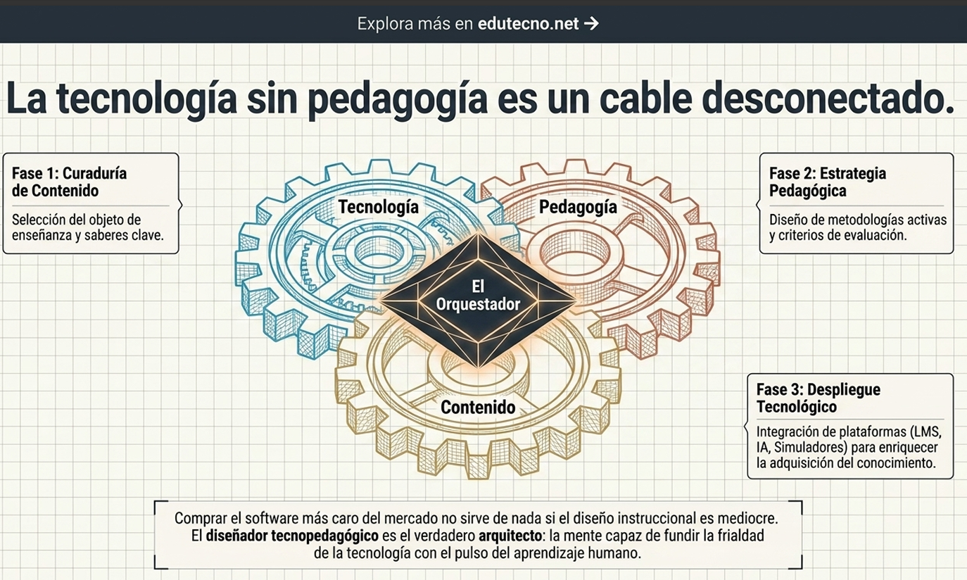 Infografía con diagrama circular que conecta tecnología, pedagogía y contenido, con fases y texto educativo.
