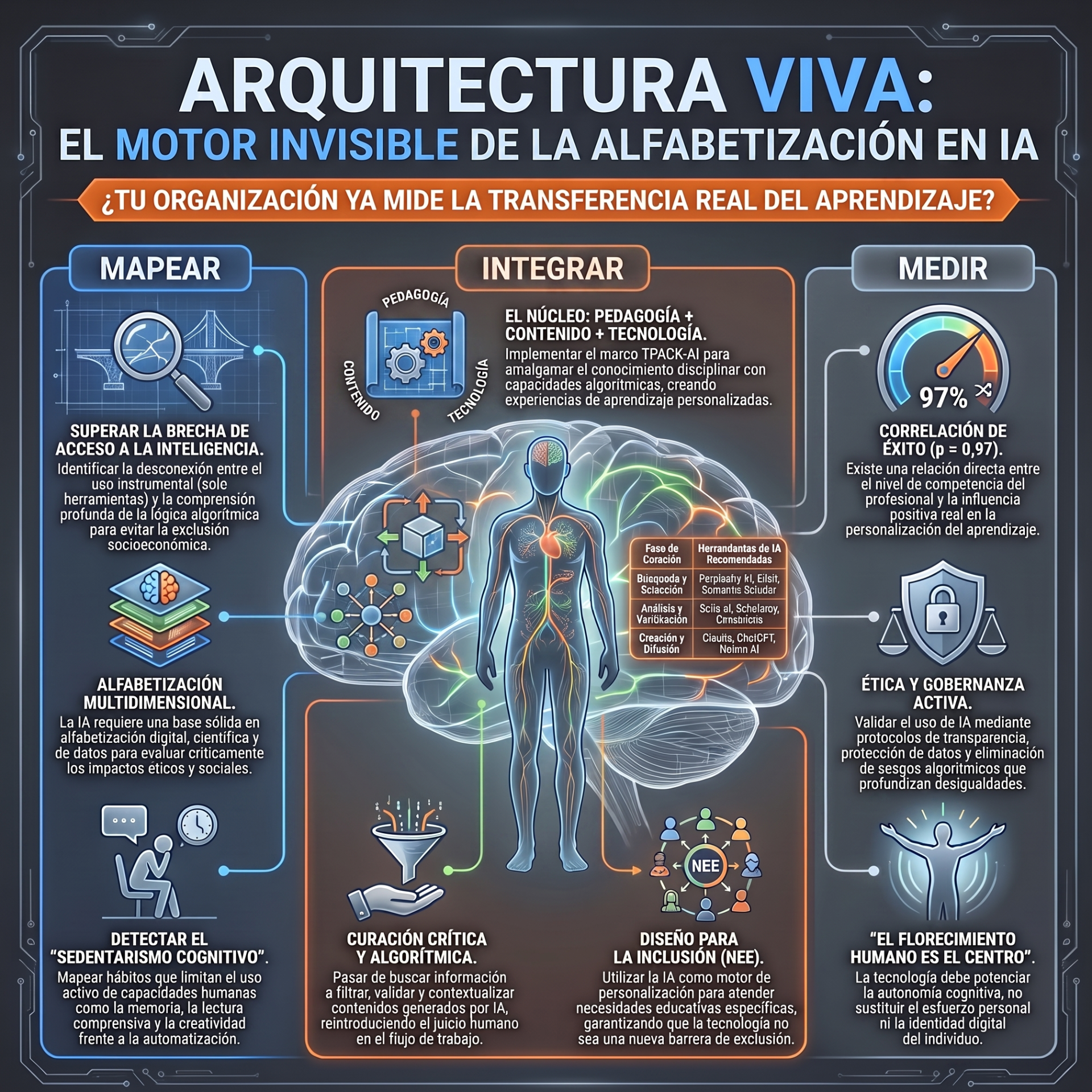 Infografía tecnológica sobre alfabetización y motor invisible de IA, con cerebro holográfico, métricas y secciones.