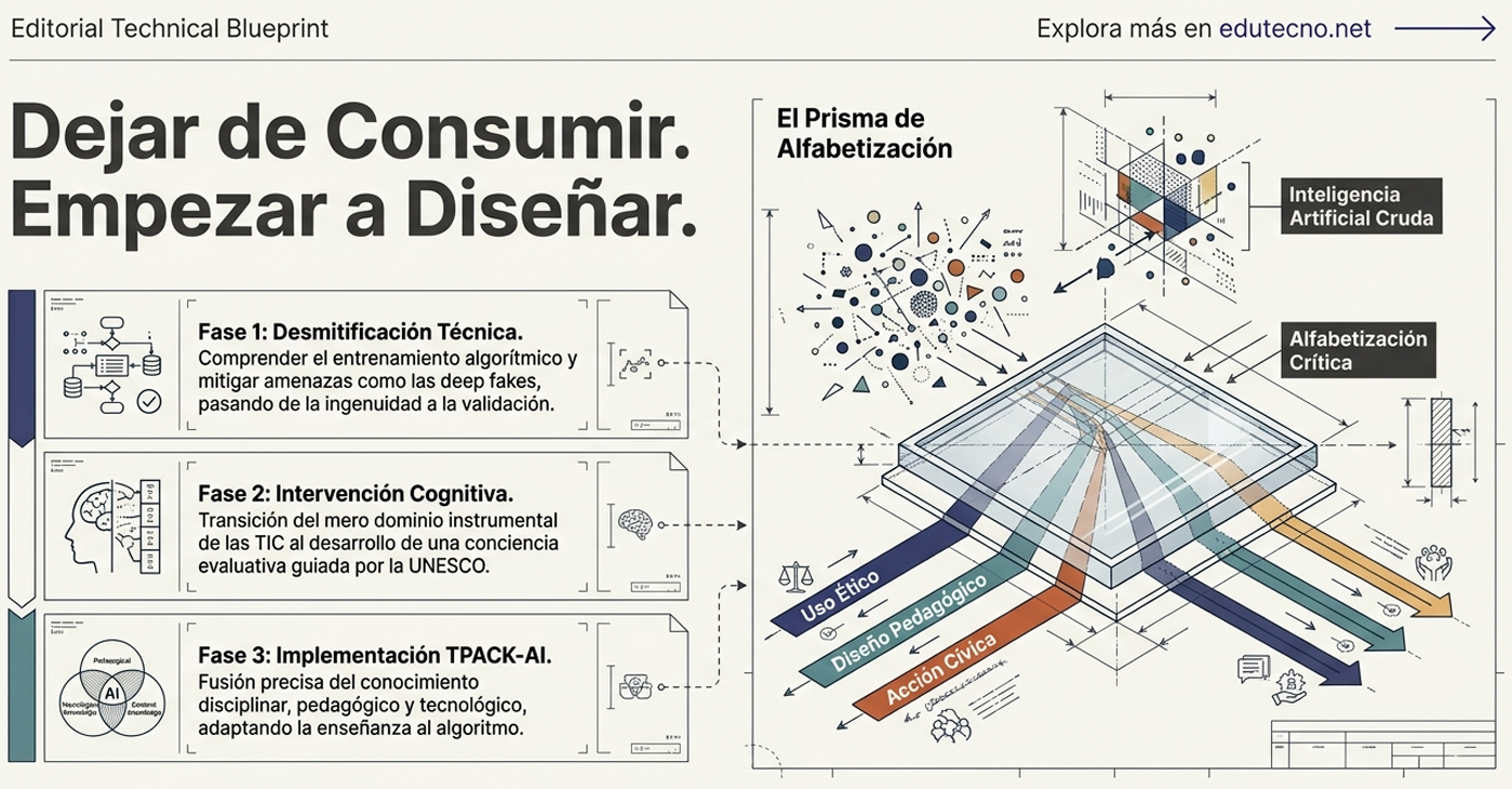 Infografía editorial con texto “Dejar de Consumir. Empezar a Diseñar” y diagrama sobre alfabetización crítica y IA.