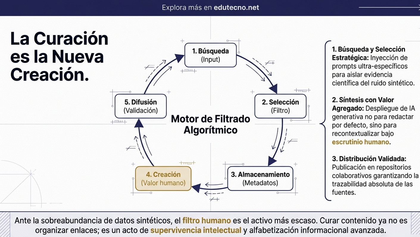 Diagrama sobre curación de contenido: búsqueda, selección, almacenamiento, creación y difusión con texto explicativo.