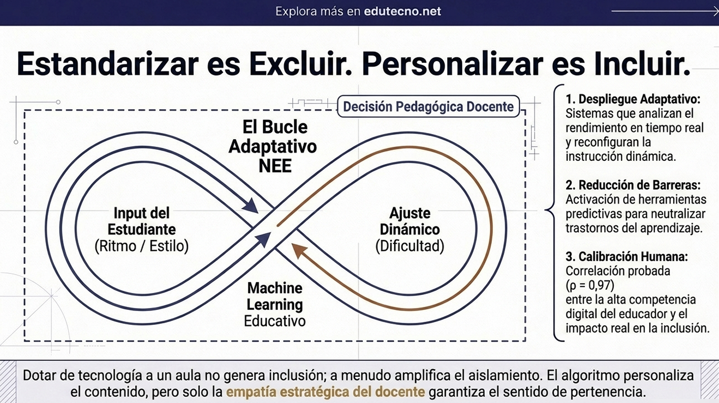 Diagrama educativo con bucle adaptativo, flechas, texto sobre decisión pedagógica y pasos de personalización docente.