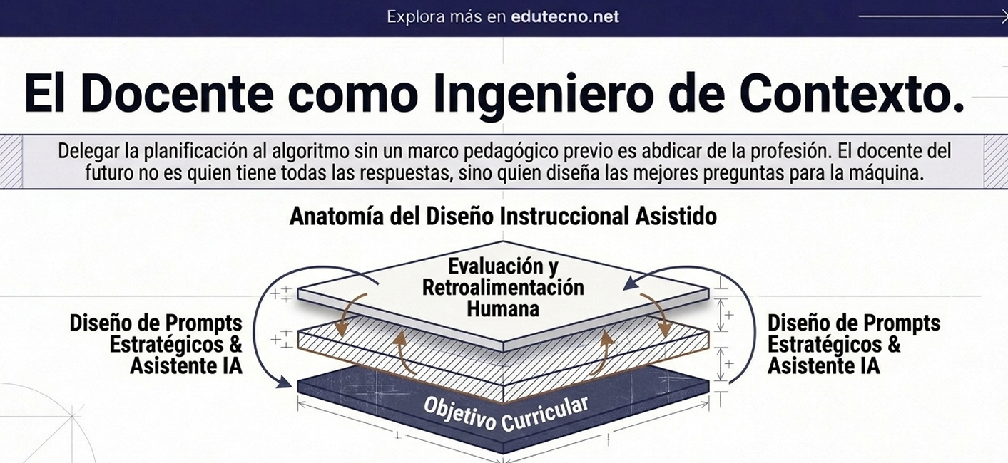 Diagrama educativo con texto “Anatomía del Diseño Instruccional Asistido” y capas: prompts, evaluación y objetivo curricular.