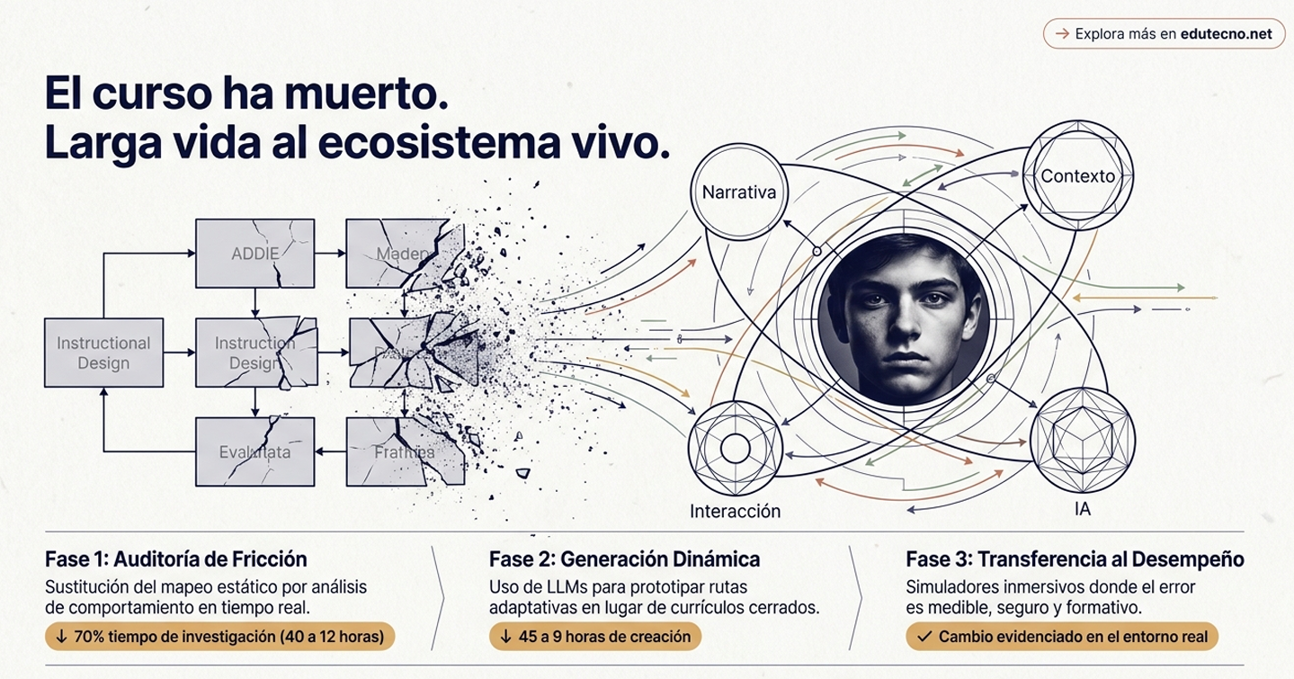 Diagrama educativo con retrato infantil, nodos “Narrativa”, “Contexto” e “IA”, y fases de aprendizaje.