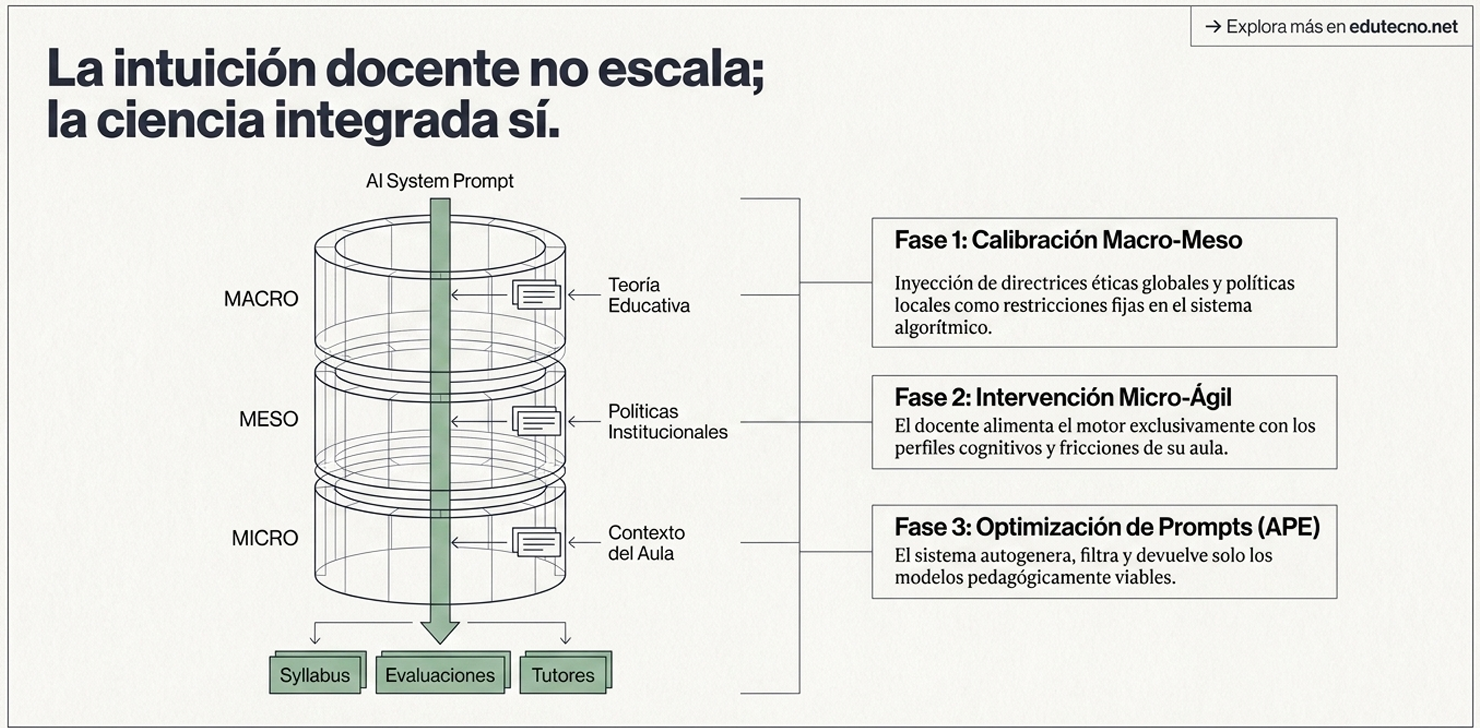 Diagrama educativo con cilindro en capas macro, meso y micro, y tres fases de calibración y optimización.