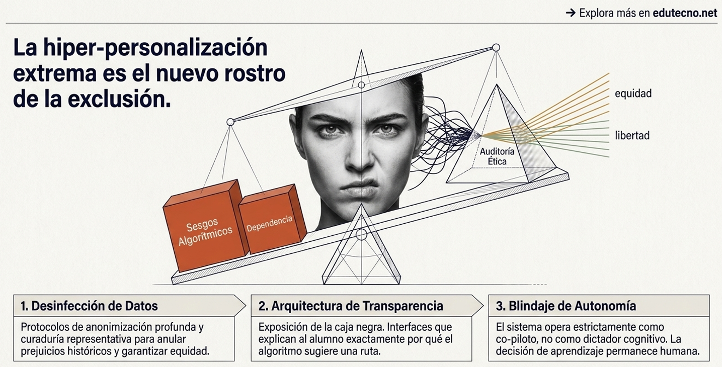 Ilustración con rostro femenino en blanco y negro, gráficos y texto sobre hiper-personalización y ética.