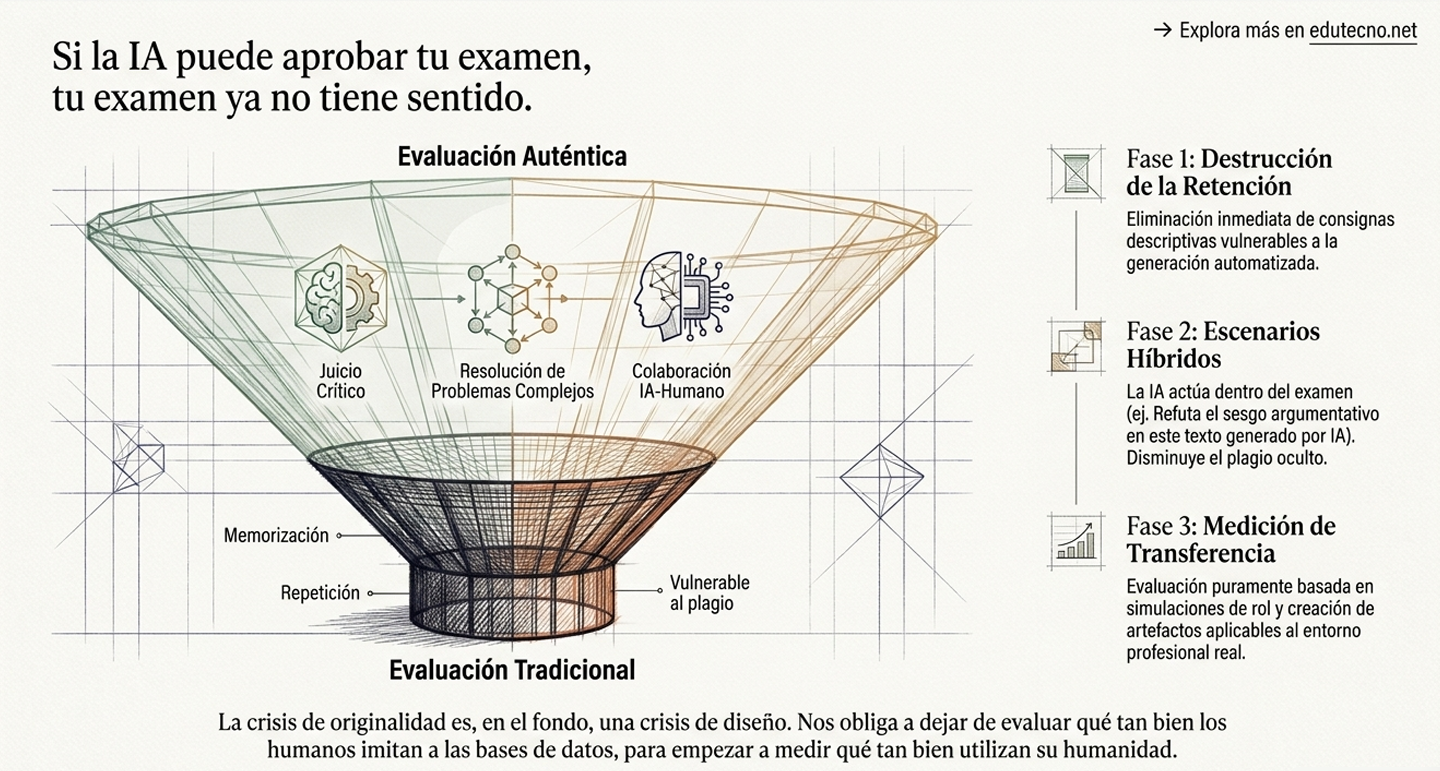 Ilustración comparativa de evaluación tradicional y auténtica con embudo, iconos de IA y fases de retención.