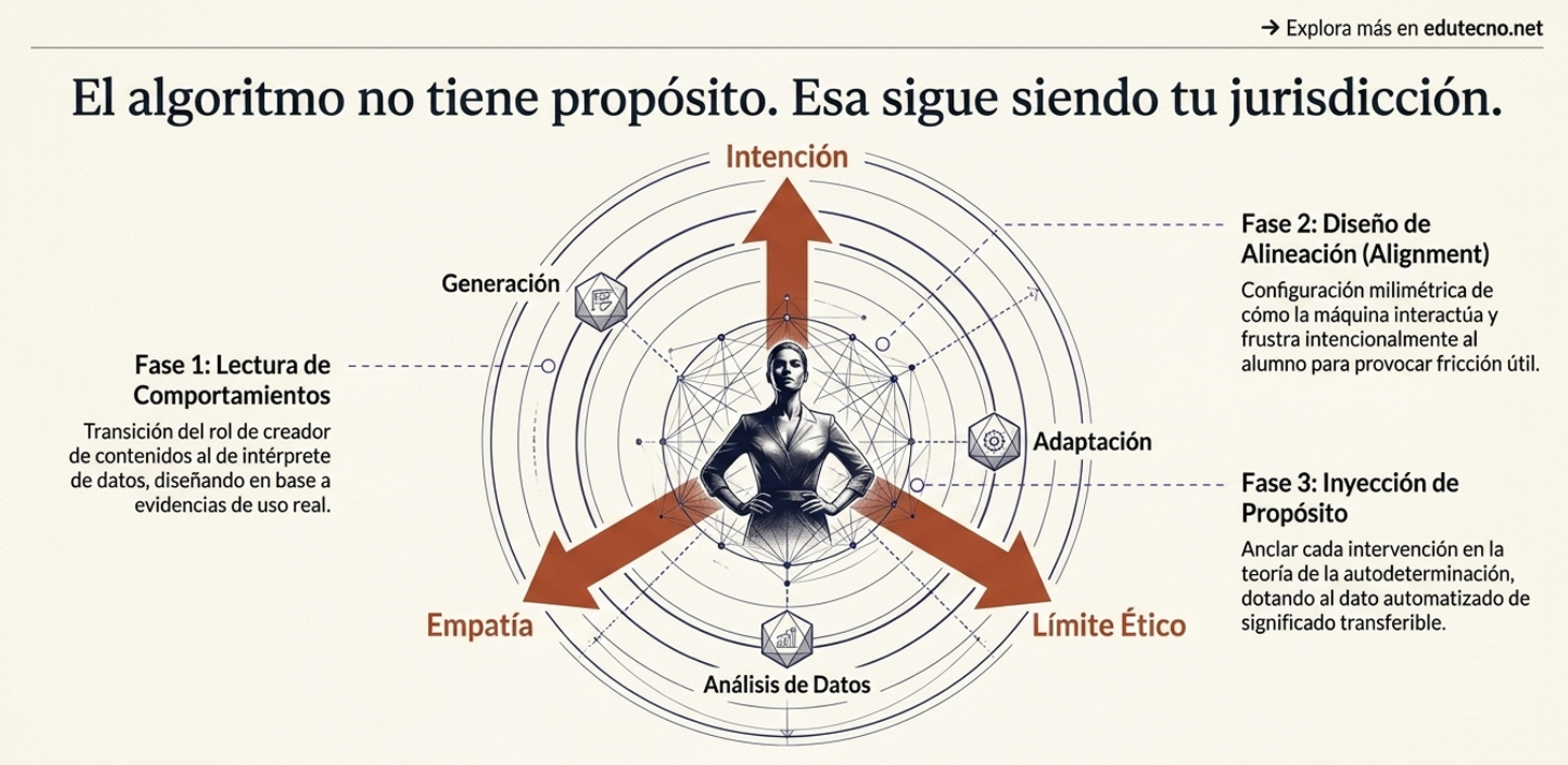 Ilustración con mujer central y diagrama circular de fases: intención, alineación, adaptación, límite ético y análisis de datos.