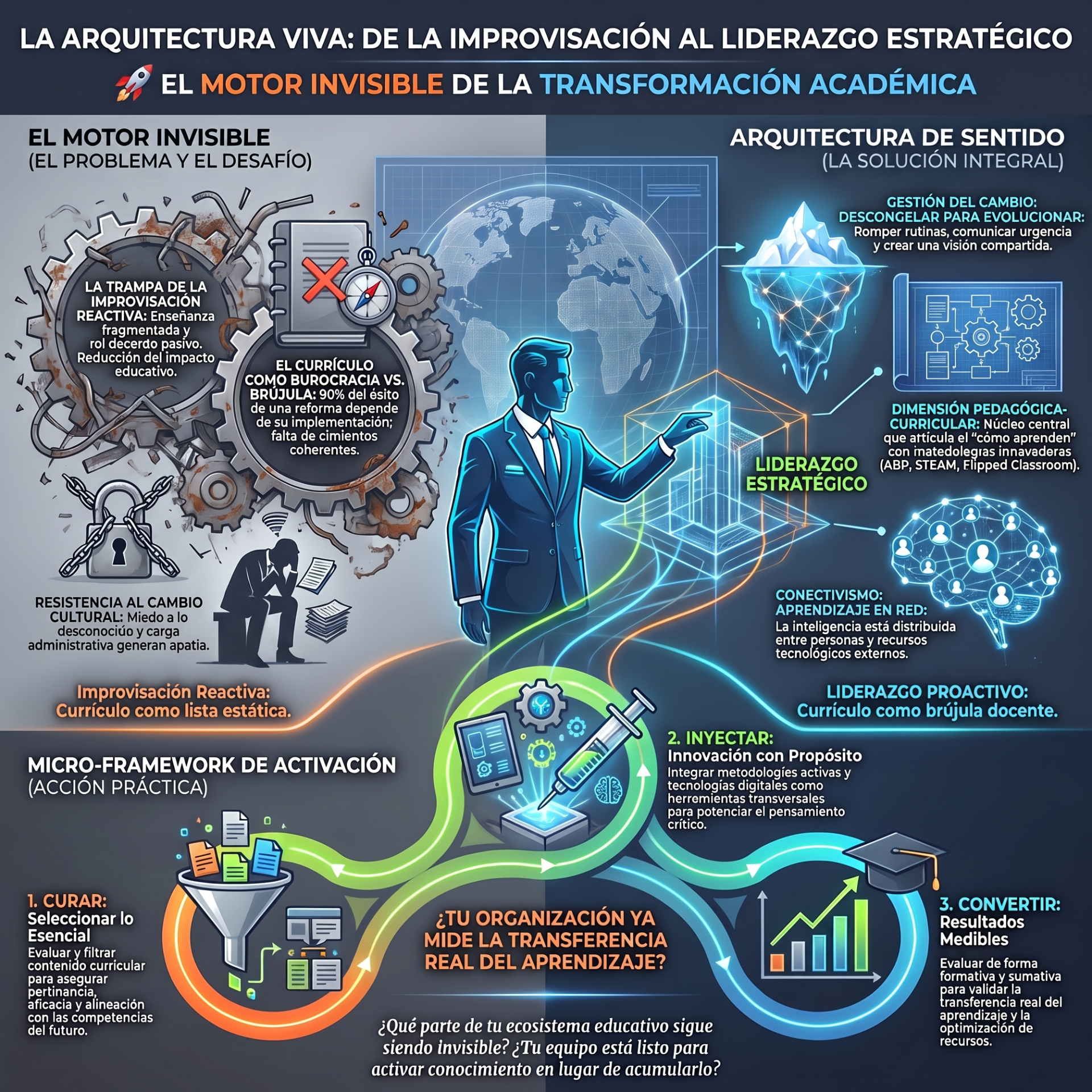 Infografía educativa con un líder, globo terráqueo y gráficos, comparando “motor invisible” y liderazgo estratégico.